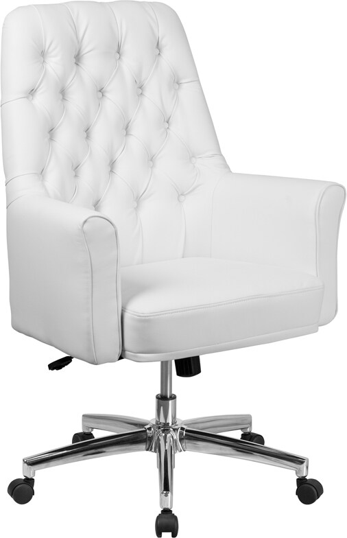 Mid-Back Traditional Tufted White LeatherSoft Executive Swivel Office Chair with Arms