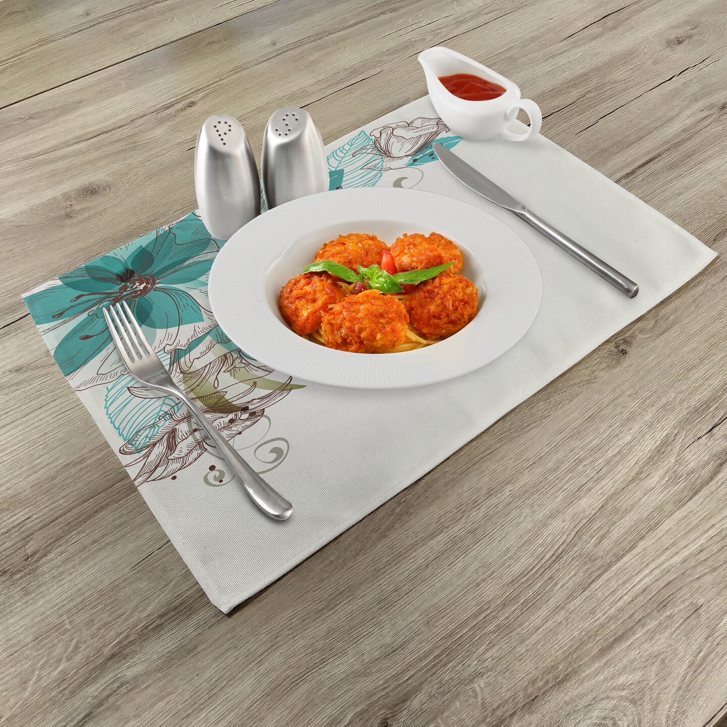 Ambesonne Turquoise Place Mats Set of 4, Flowers Buds Leaf at the top Left Corner Season Celebrating Theme, Washable Fabric Placemats for Dining Table, Standard Size, Teal Pale Green