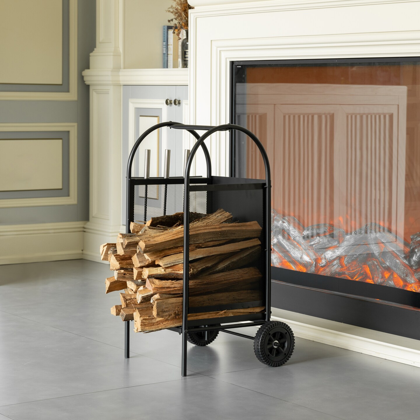 Indoor and Outdoor Patio Iron Firewood Log Cart with Wheels and Fireplace Tool Set, Black