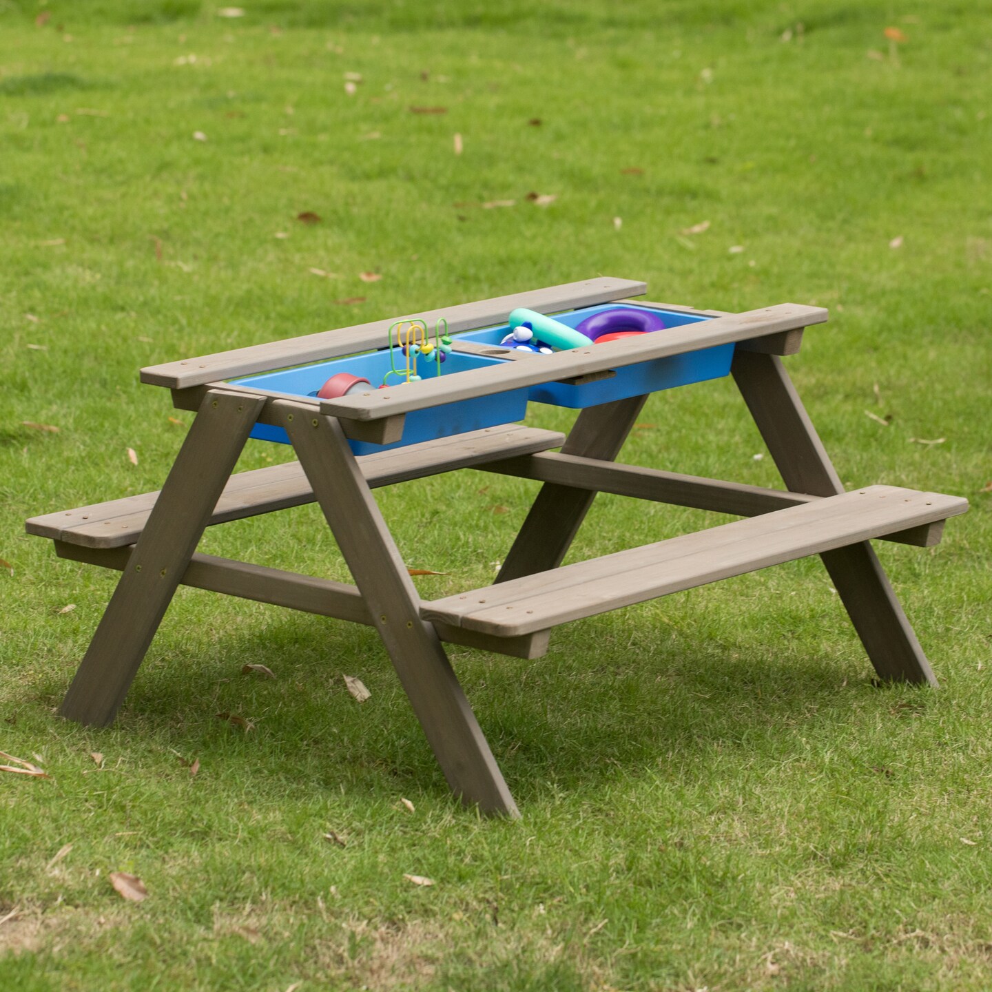 Kids Picnic Play Table, Sandbox Table with Umbrella Hole and 2 Play Boxes with Removable Top, Gray