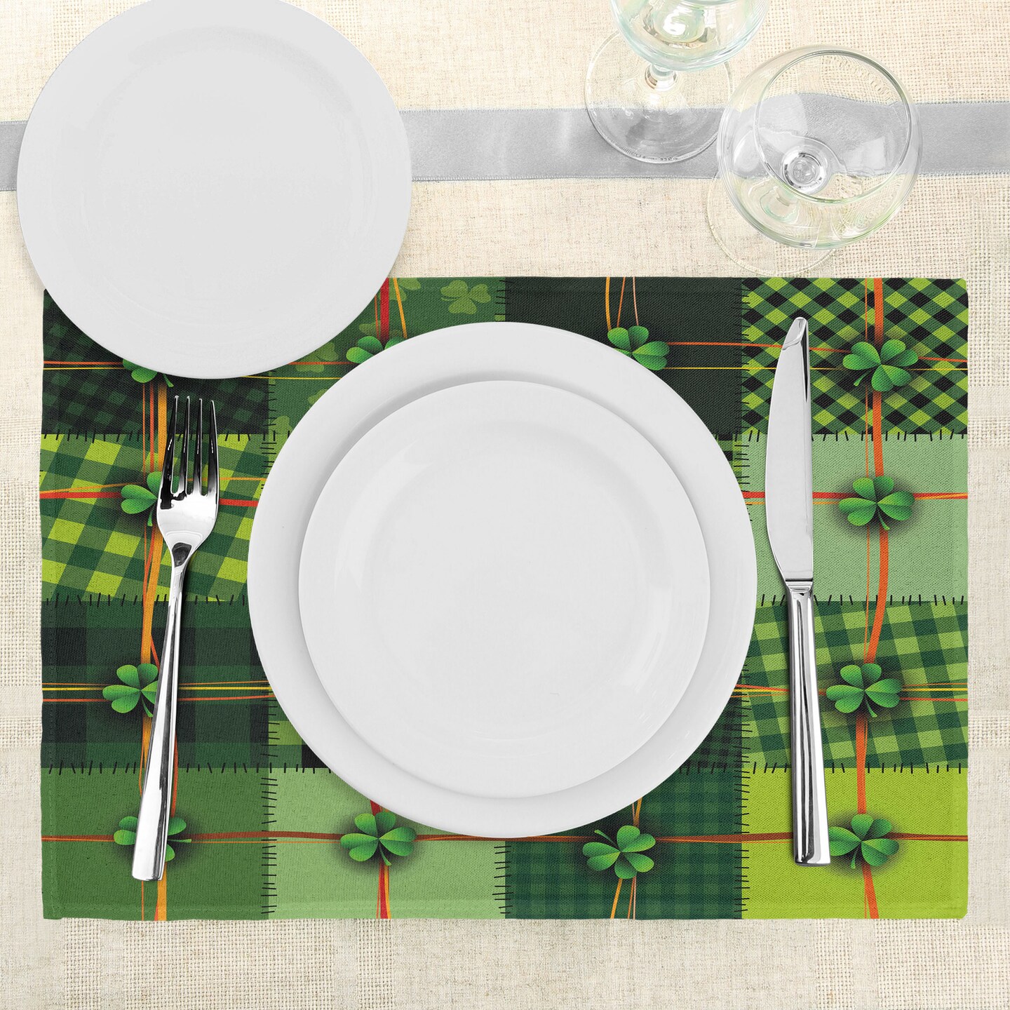 Ambesonne Irish Place Mats Set of 4, Patchwork Style St. Patrick&#x27;s Day Themed Celtic Quilt Cultural Checkered Clovers, Washable Fabric Placemats for Dining Table, Standard Size, Multicolor