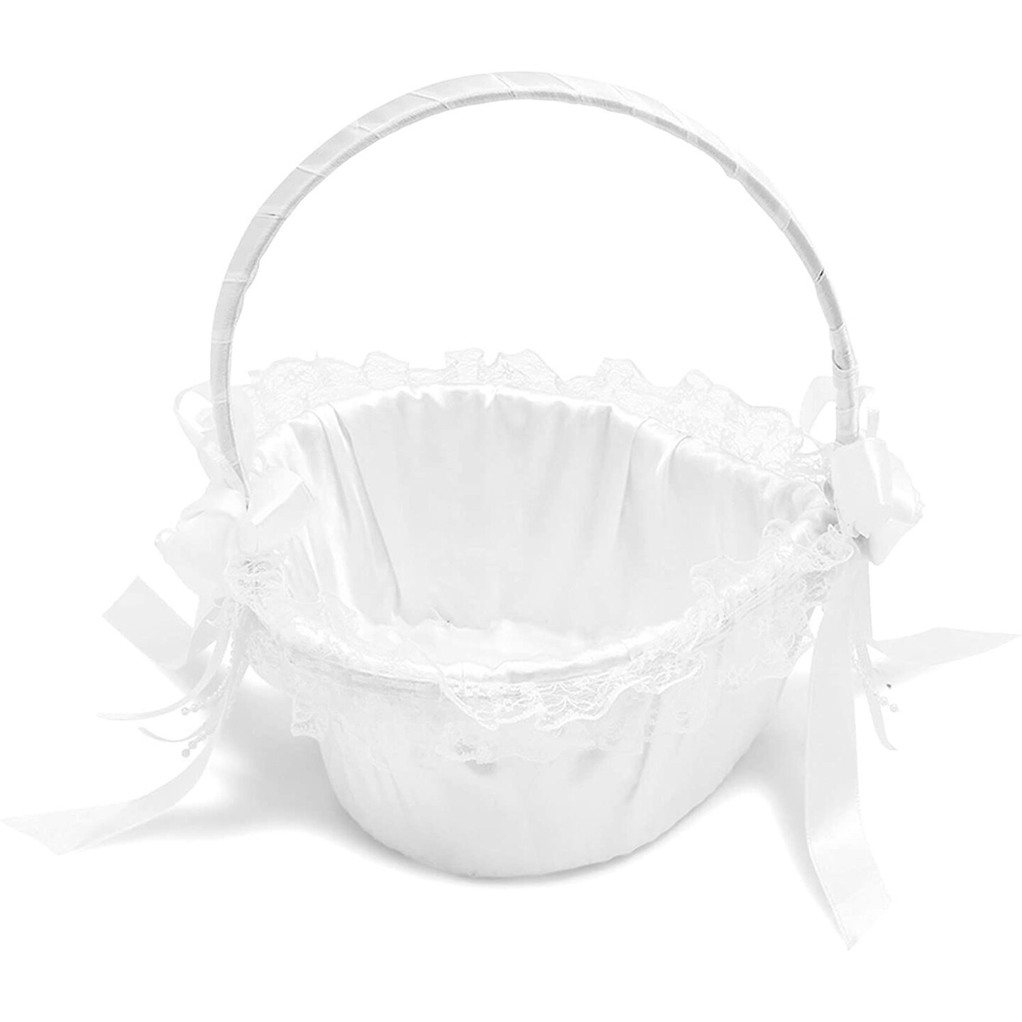 White Flower Girl Basket for Weddings - Heart-Shaped Flower Pedal Basket with Lace and Bows (6.2 x 8.7 x 7 In)