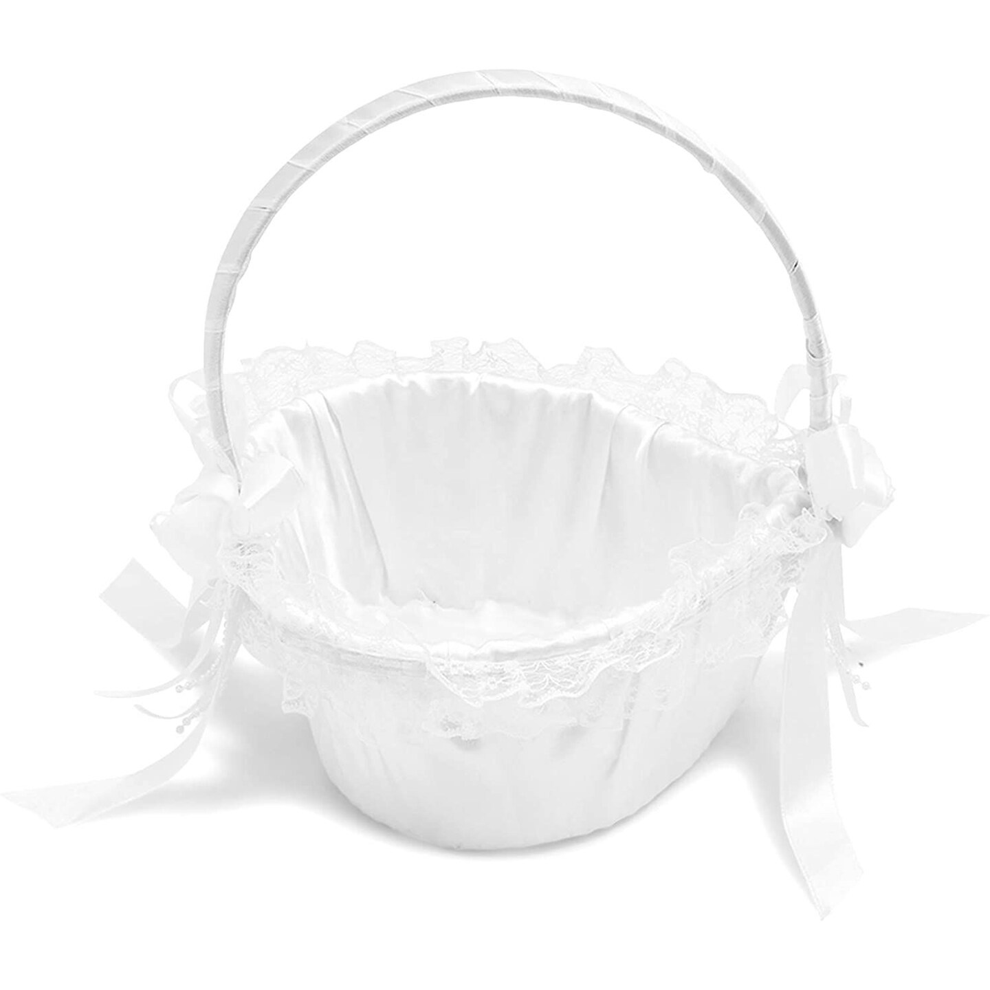White Flower Girl Basket for Weddings - Heart-Shaped Flower Pedal Basket with Lace and Bows (6.2 x 8.7 x 7 In)