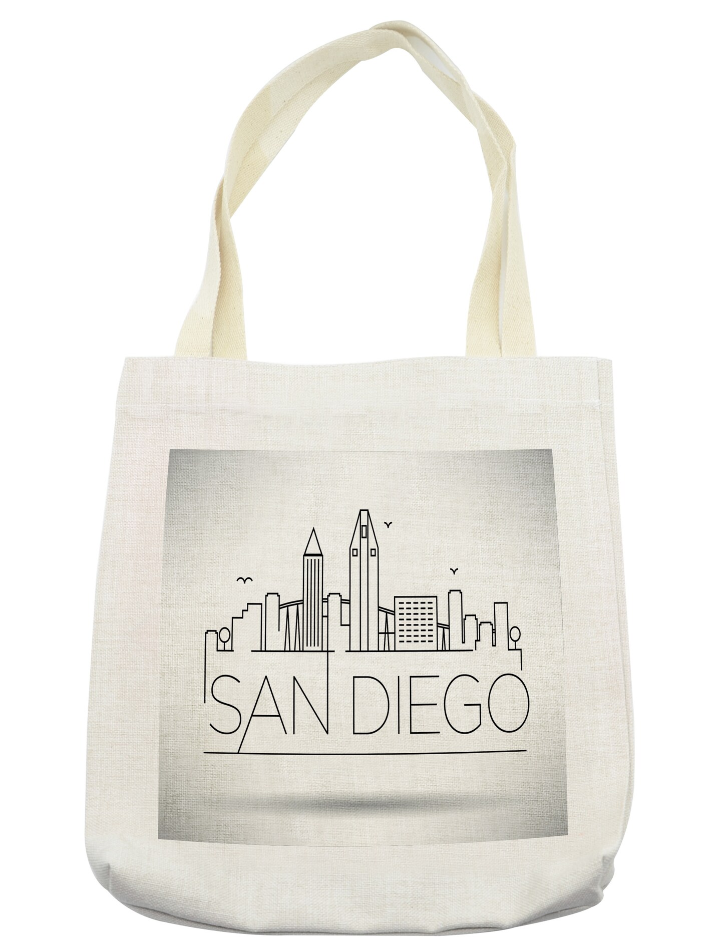 Ambesonne San Diego Tote Bag, San Diego City Silhouette with Typographic Design Abstract Skyline, Cloth Linen Reusable Bag for Shopping Books Beach and More, 16.5&#x22; X 14&#x22;, Black and White