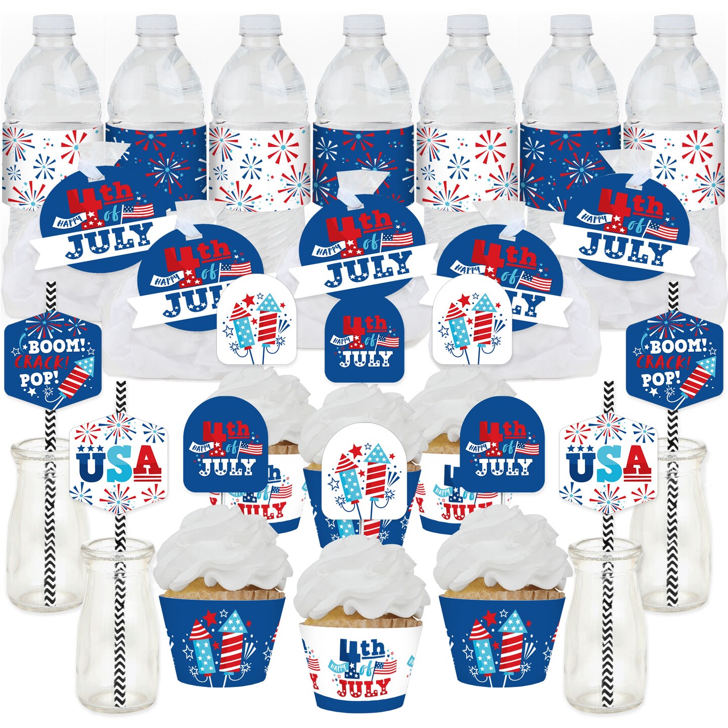 Big Dot of Happiness Firecracker 4th of July -  Party Favors and Cupcake Kit - Fabulous Favor Party Pack - 100 Pieces