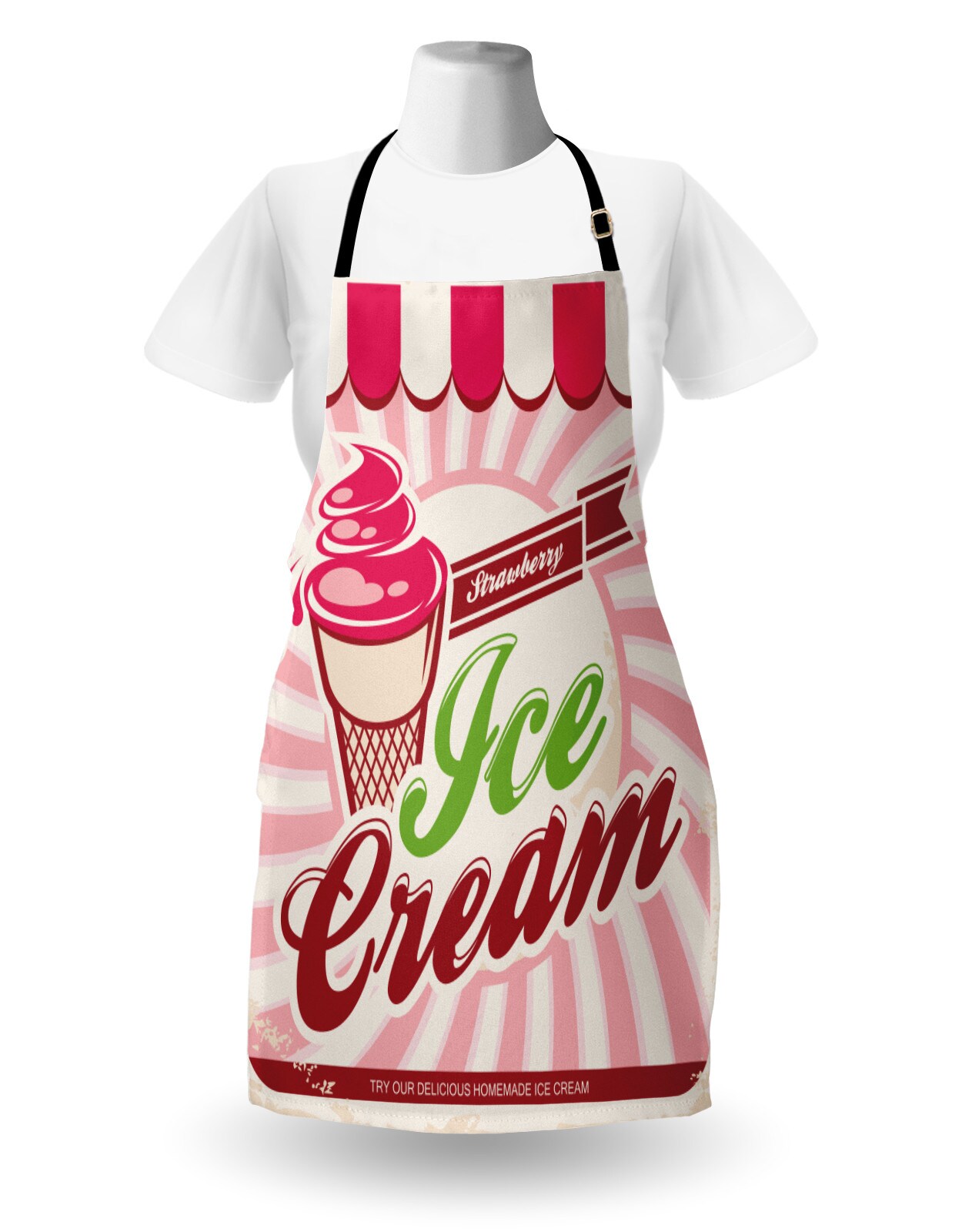 Ambesonne Ice Cream Apron, Retro Style Strawberry Ice Cream Logo in Soft Tones Homemade Pop Art, Unisex Kitchen Bib with Adjustable Neck for Cooking Gardening, Adult Size, Hot Pink Maroon Cream