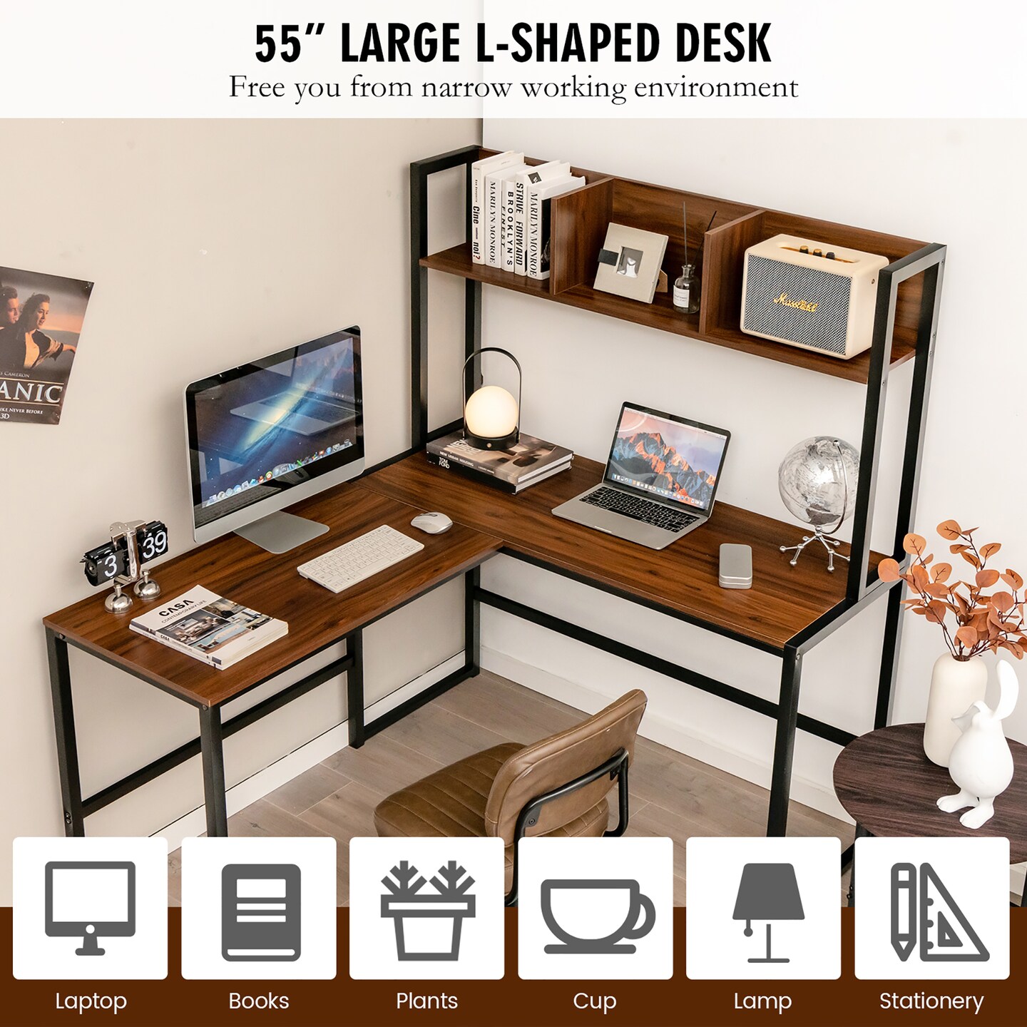 Costway 55&#x27;&#x27;L-Shaped Desk Corner Computer Desk Writing Workstation Table w/Hutch