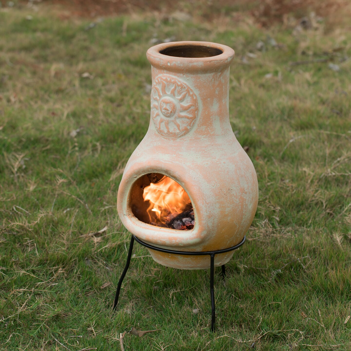 Beige Outdoor Clay Ciminea Outdoor Fireplace Sun Design Charcoal Burning Fire Pit with Sturdy Metal Stand, Barbecue, Cocktail Party, Family Gathering, Cozy Nights Fire Pit
