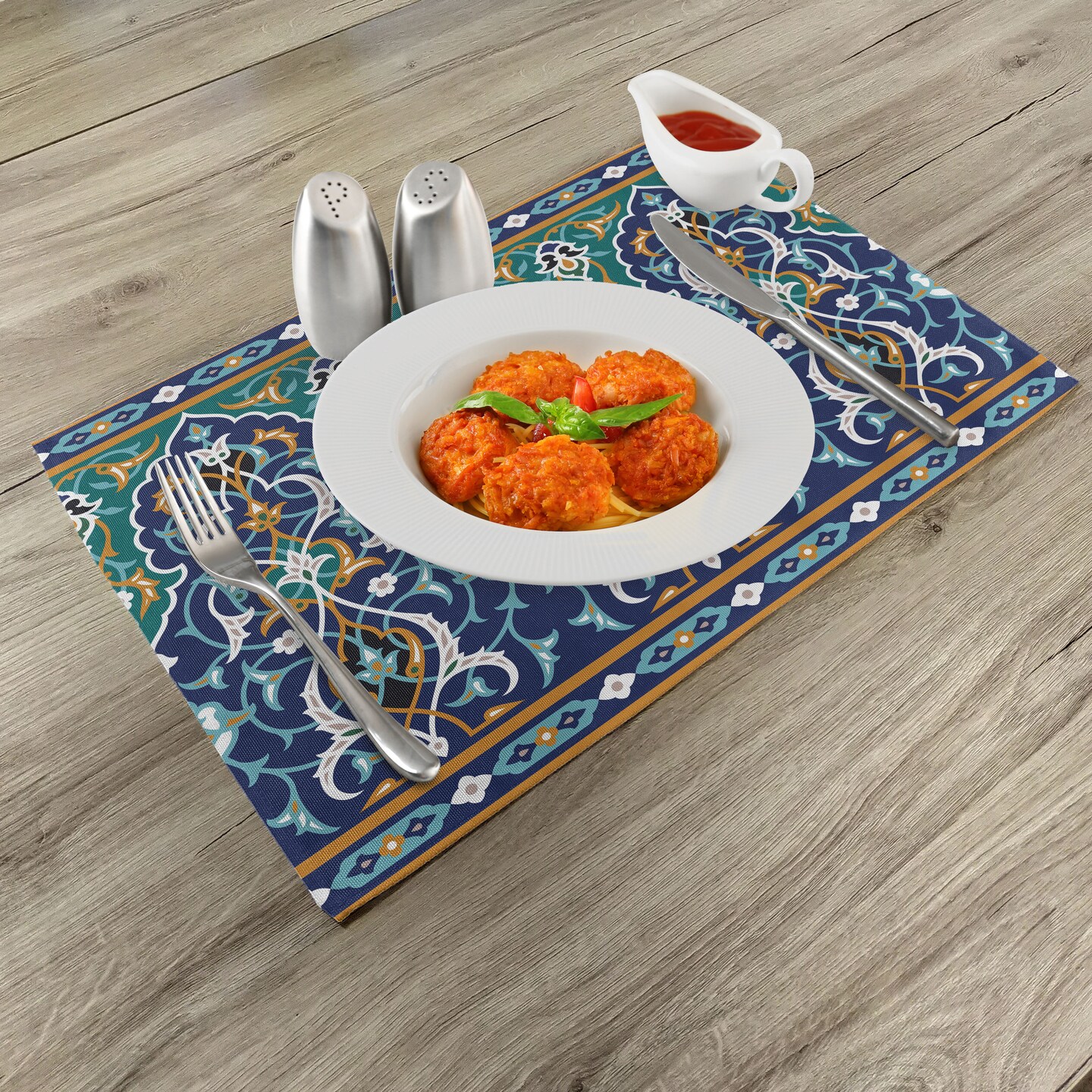 Ambesonne Moroccan Place Mats Set of 4, Oriental Petals Hippie Vintage Mosaic Design, Washable Fabric Placemats for Dining Table, Standard Size, Blue Mustard