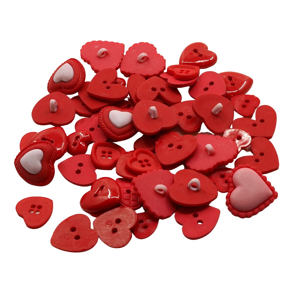 Heart Button Assortment &#x2013; 50 Red &#x26; Pink Valentine&#x2019;s Day Buttons for Sewing &#x26; Crafts &#x2013; Resin Novelty Heart Designs