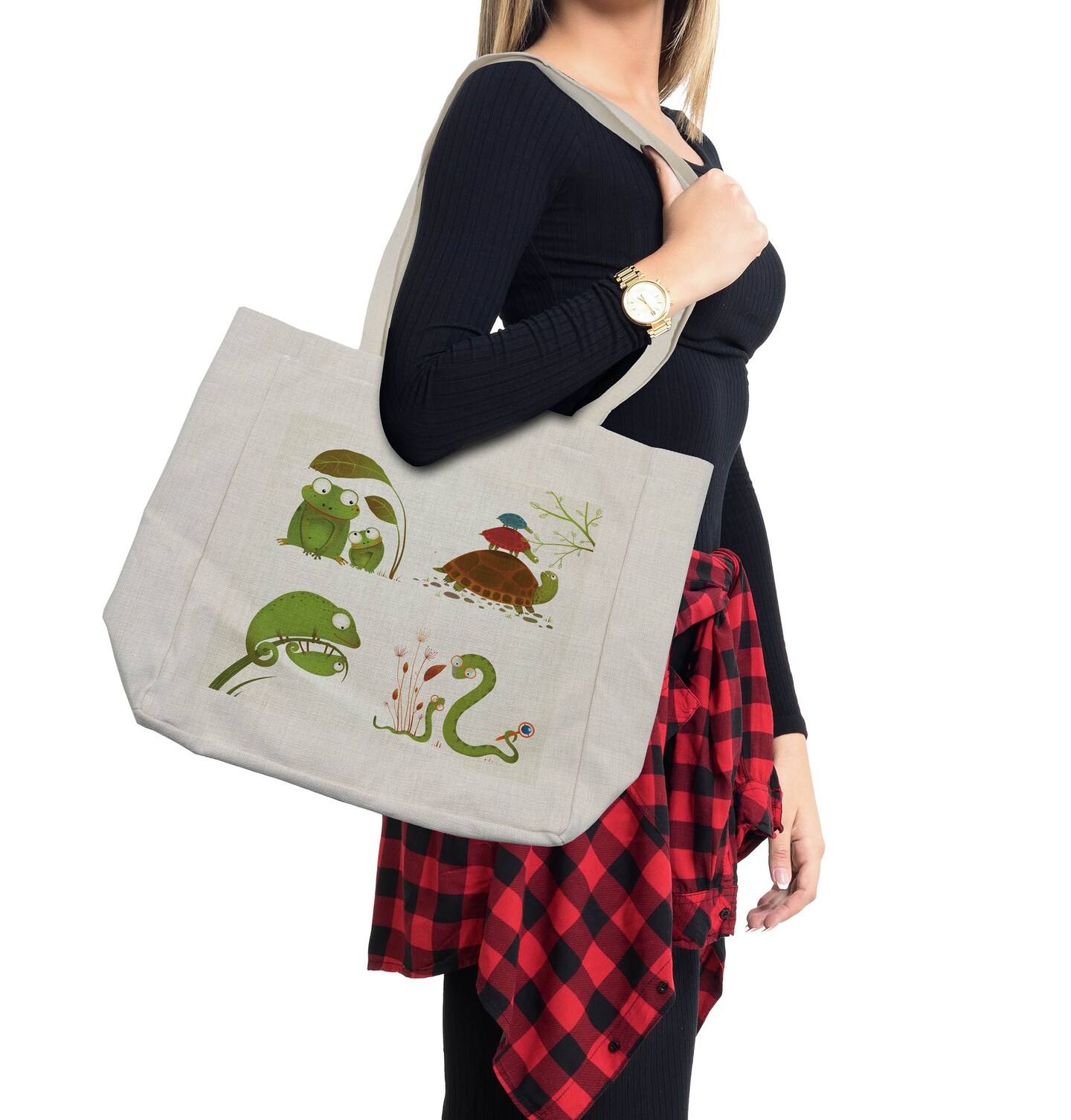 Ambesonne Reptile Shopping Bag, Reptile Family Colorful Snake Frog Ninja Turtles Love Mother Family Theme, Eco-Friendly Reusable Bag for Groceries Beach and More, 15.5&#x22; X 14.5&#x22;, Green Brown Red