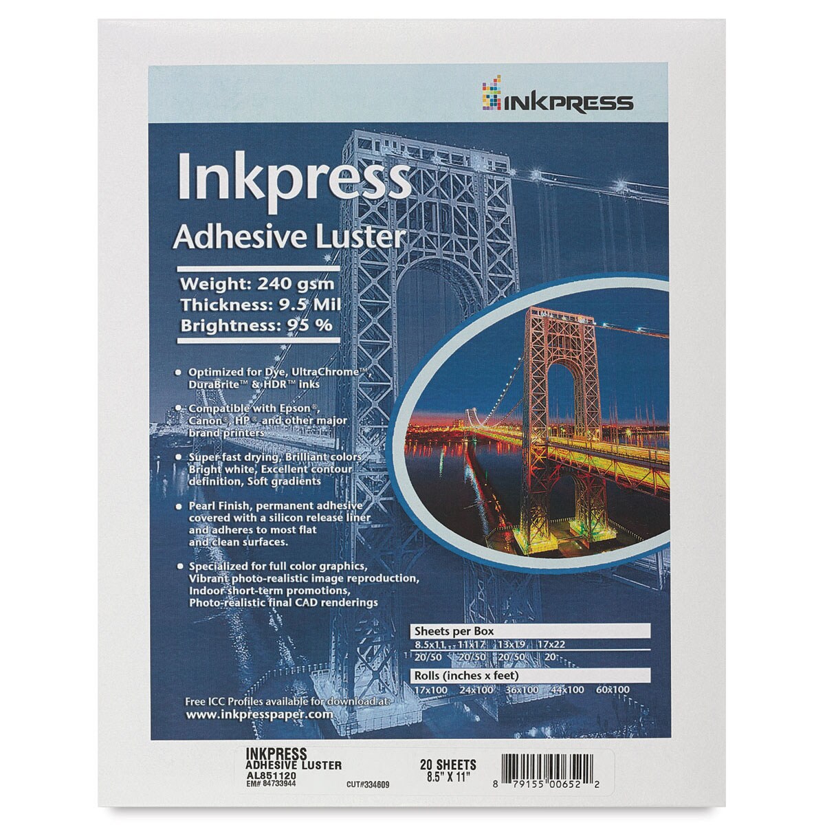 Inkpress - Adhesive Luster Inkjet Paper, 8-1/2&#x22; x 11&#x22;, 20 Sheets