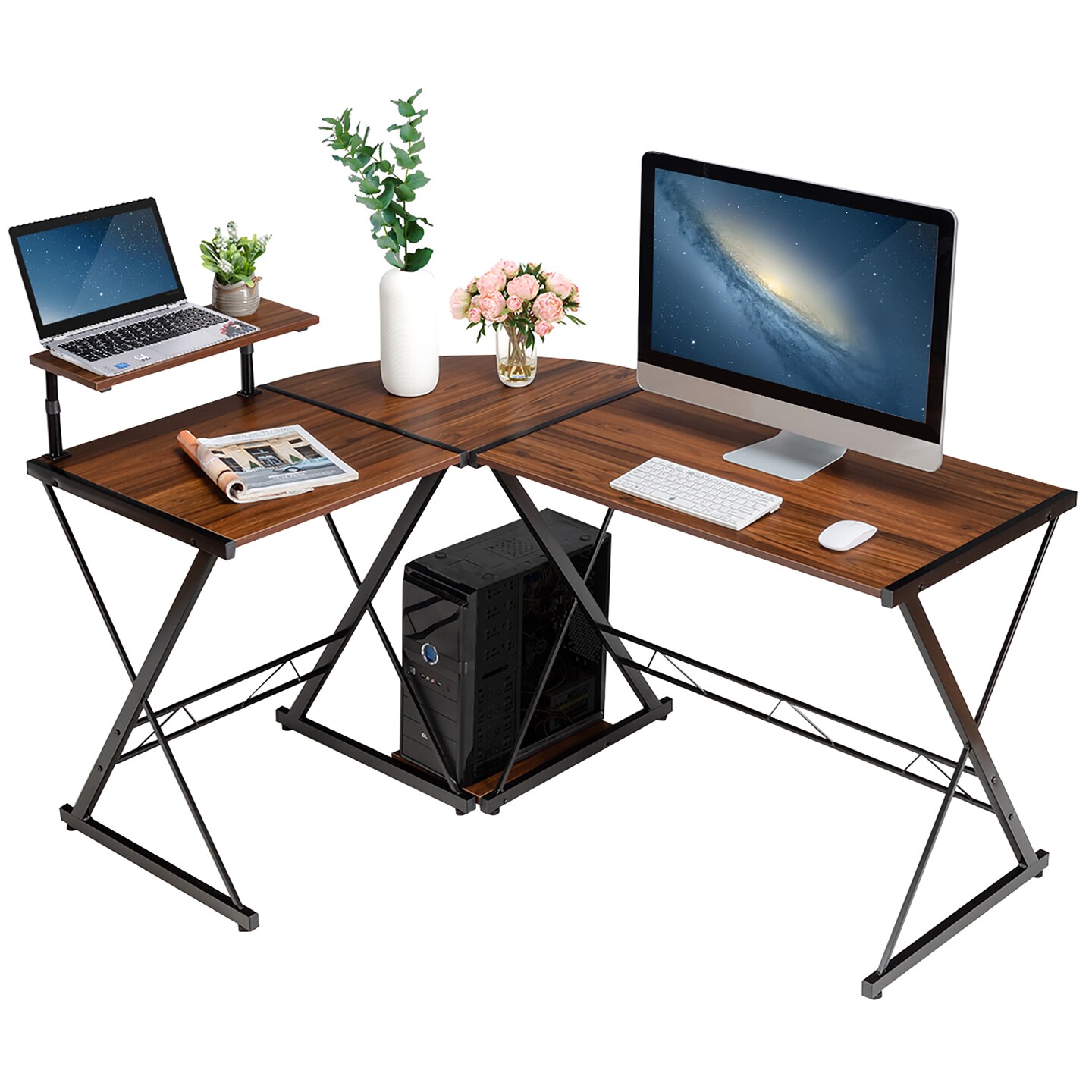 Costway 58'' x 44'' L-Shaped Computer Gaming Desk w/ Monitor Stand & Host Tray Home Office