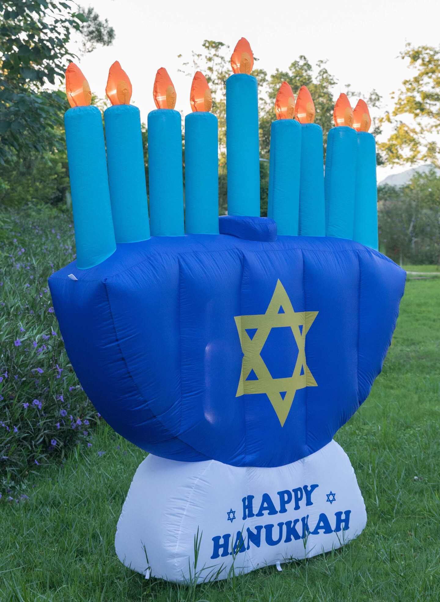 Giant Hanukkah Inflatable Menorah - Yard Decor with Built-in Bulbs, Tie-Down Points, and Powerful Built in Fan