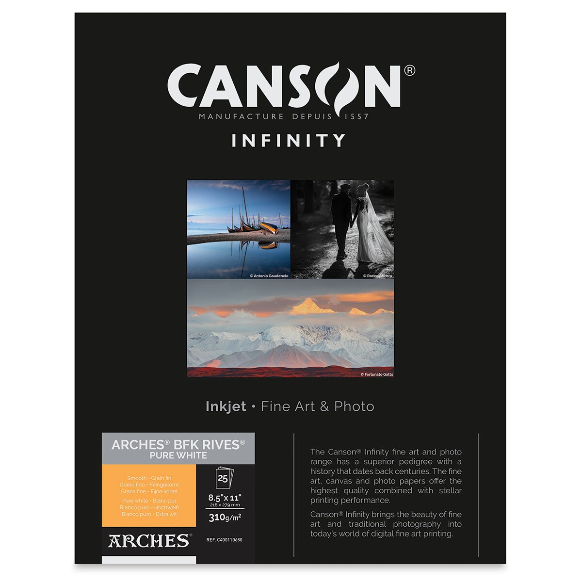 Canson Infinity Arches BFK Rives Inkjet Fine Art and Photo Paper - 8-1/2&#x22; x 11&#x22;, Pure White, 310 gsm, Package of 25