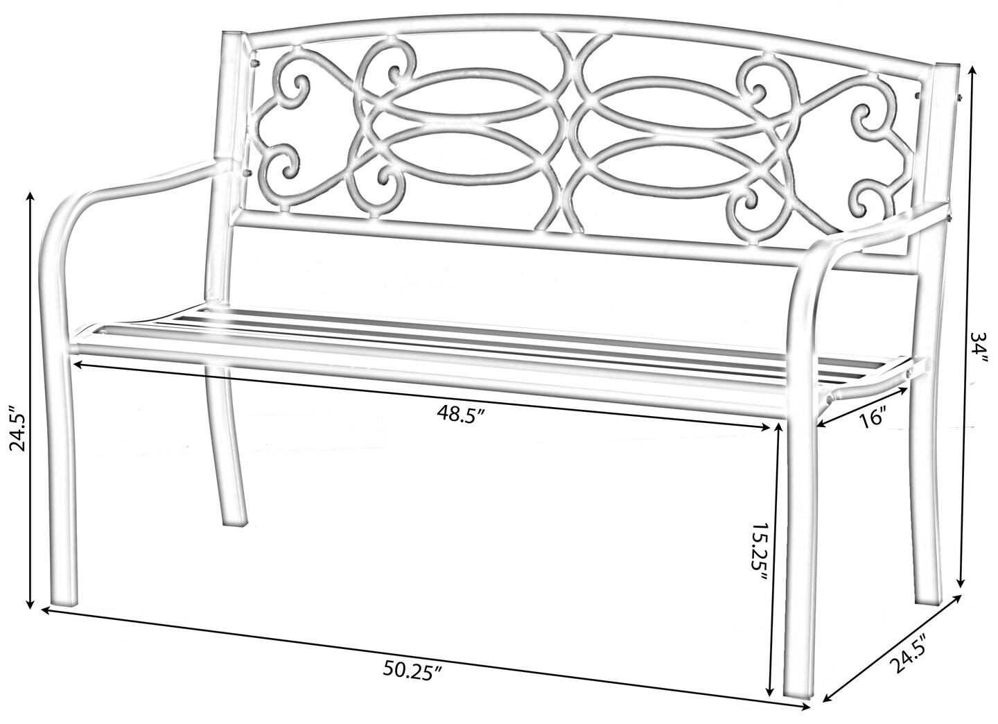 Steel Outdoor Patio Garden Park Seating Bench with Cast Iron Scrollwork Backrest, Front Porch Yard Bench Lawn Decor