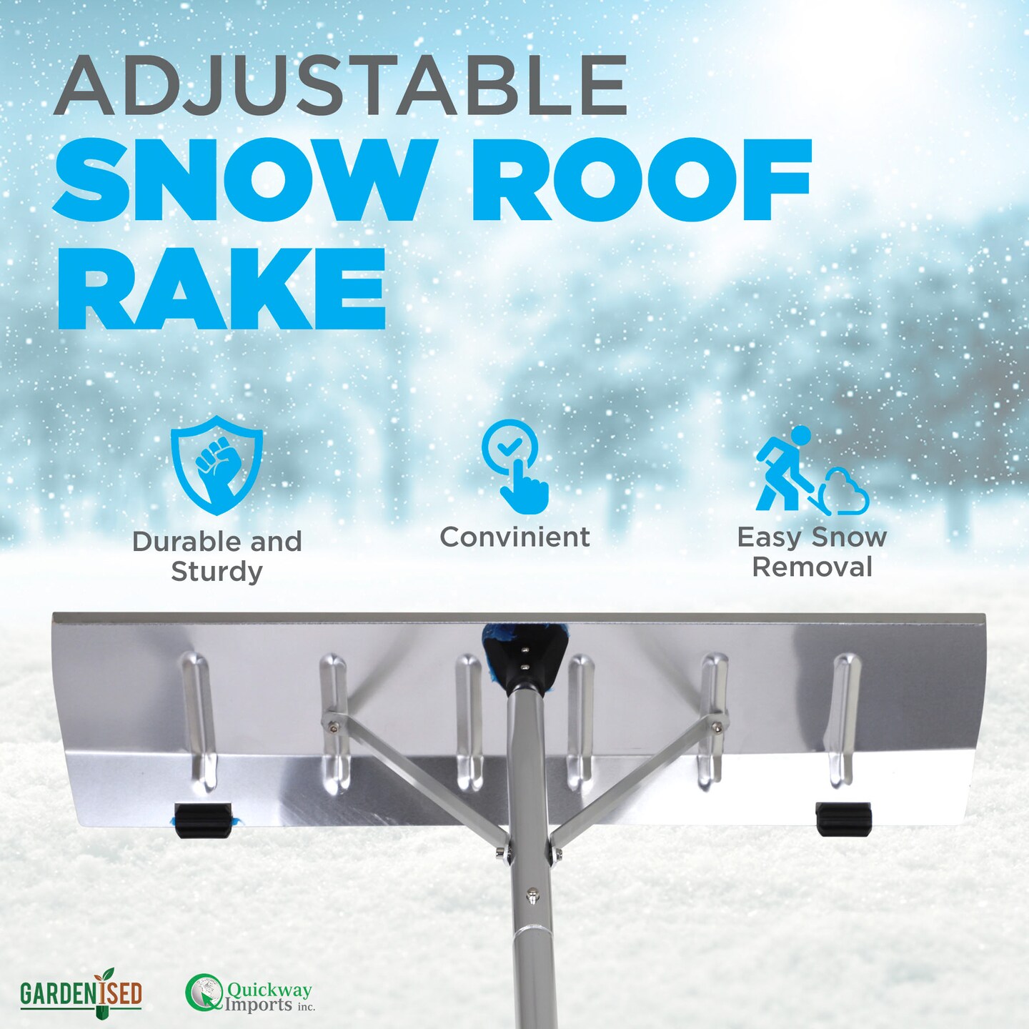 Quickway Imports Snow Rake Shovel | Aluminum Snow &#x26; Leaf Removal Tool &#x26; Pusher Scraper for House Roof &#x26; Car with 26&#x201D; Rolling Blade, Lightweight 5-21&#x2019; Telescoping Extendable Handle &#x26; Nonslip Grip