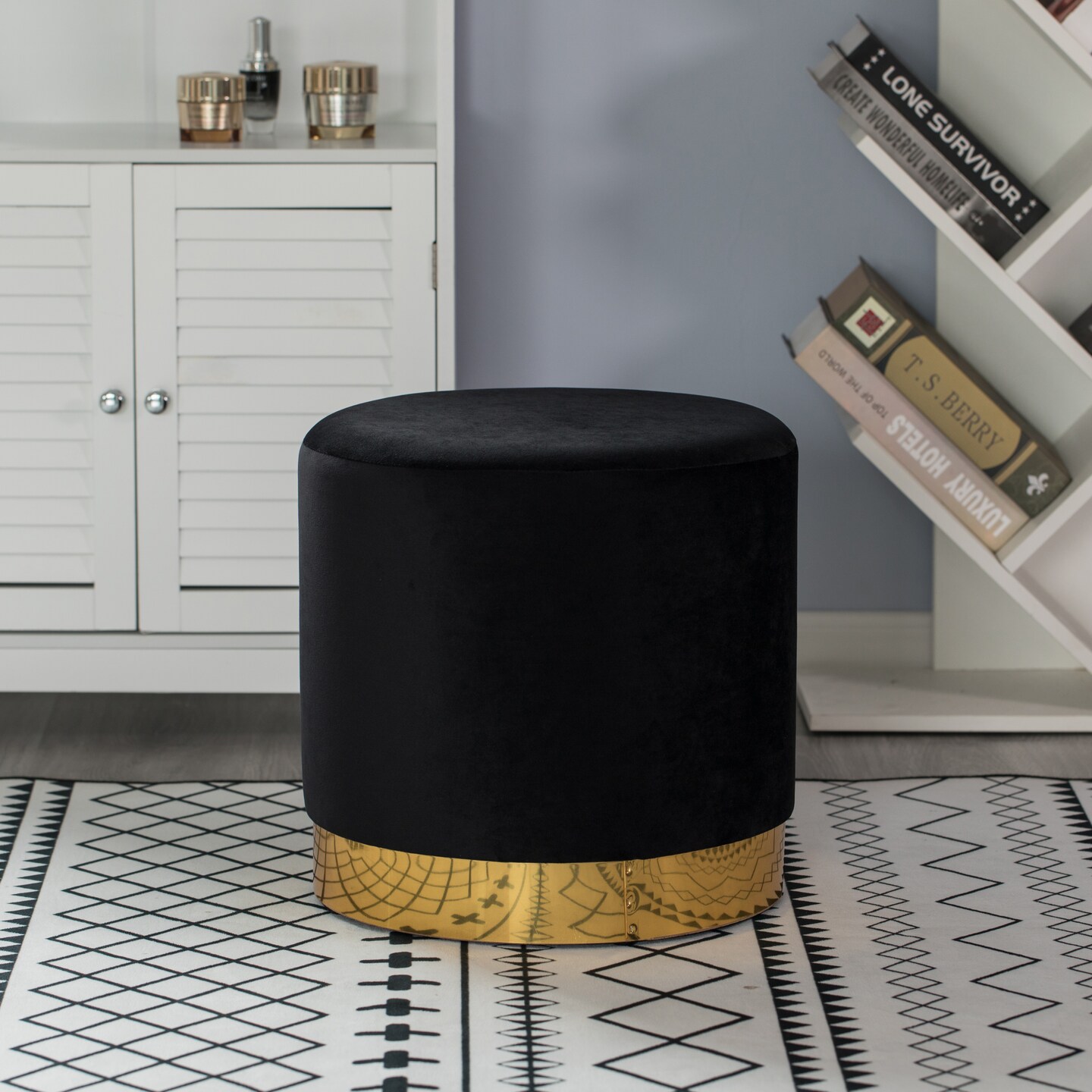 Modern Round Velvet Fabric Standard Ottoman Stool with Gold Base