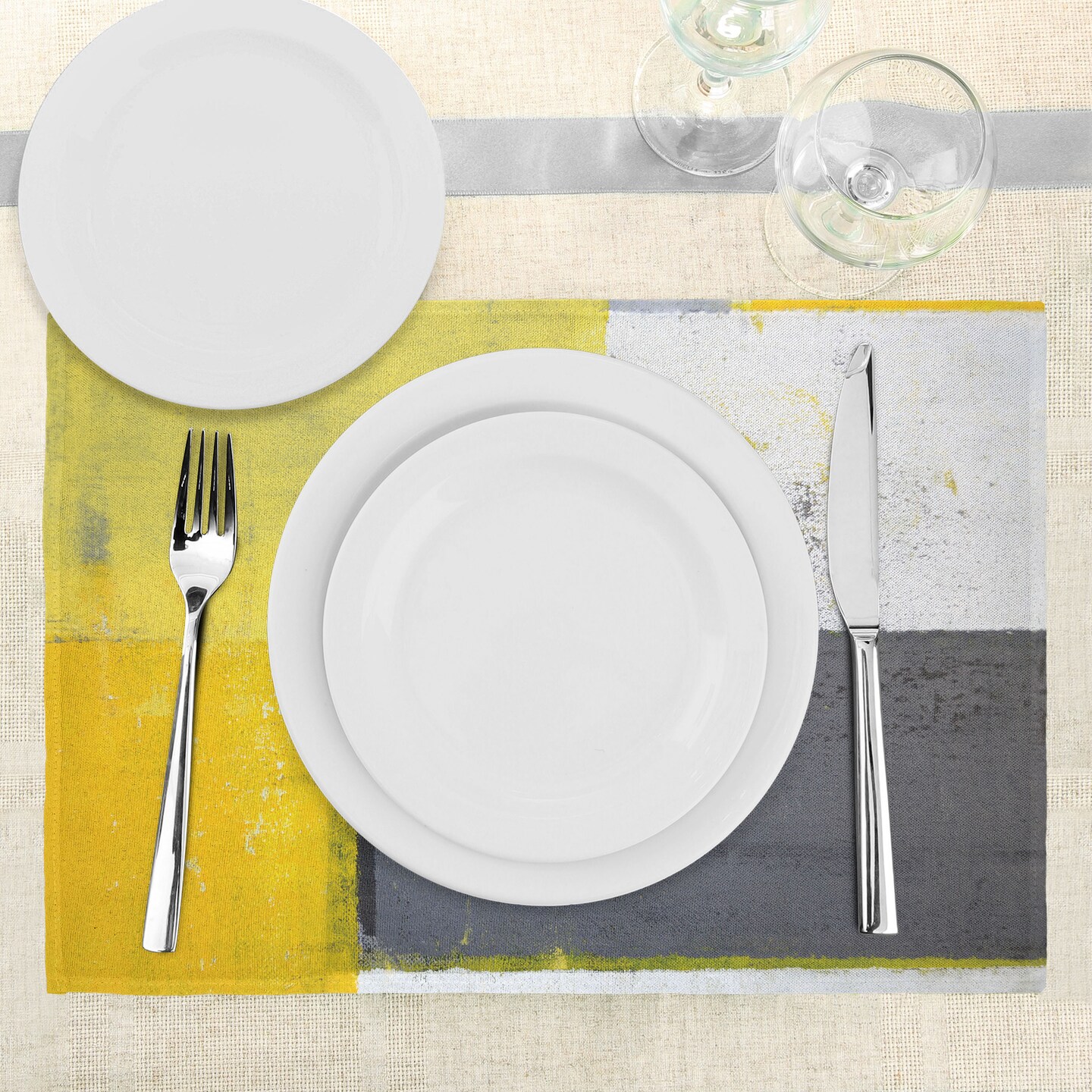 Ambesonne Grey and Yellow Place Mats Set of 4, Street Art Modern Grunge Abstract Design Squares, Washable Fabric Placemats for Dining Table, Standard Size, Grey Yellow
