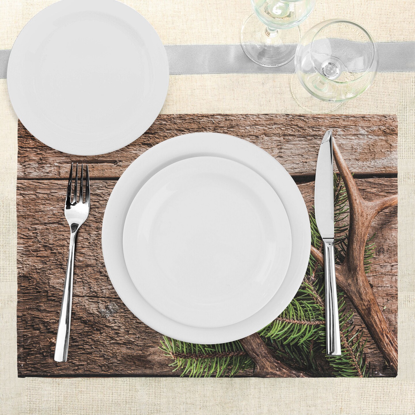 Ambesonne Antlers Place Mats Set of 4, Evergreen Branch Deer Antler Against Rustic Wooden Background Print, Washable Fabric Placemats for Dining Table, Standard Size, Fern Green Umber