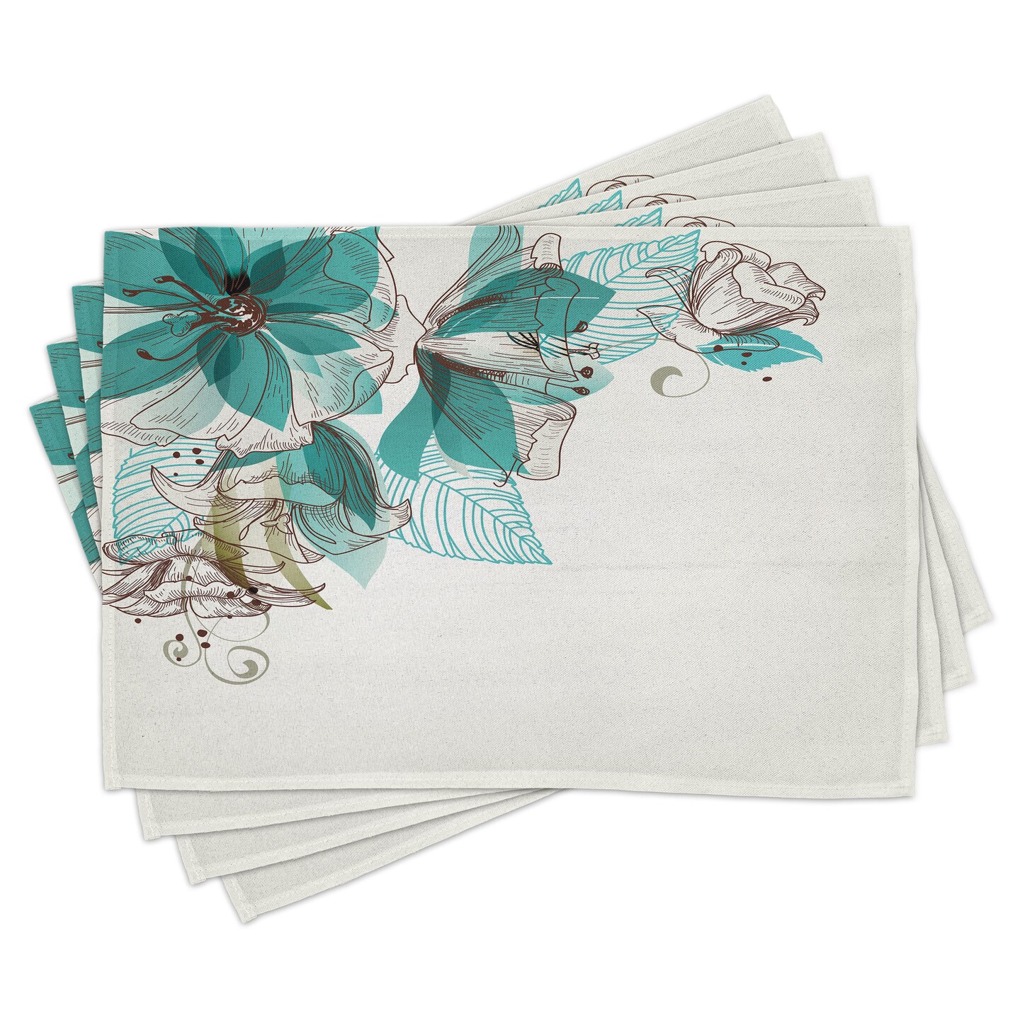 Ambesonne Turquoise Place Mats Set of 4, Flowers Buds Leaf at the top Left Corner Season Celebrating Theme, Washable Fabric Placemats for Dining Table, Standard Size, Teal Pale Green