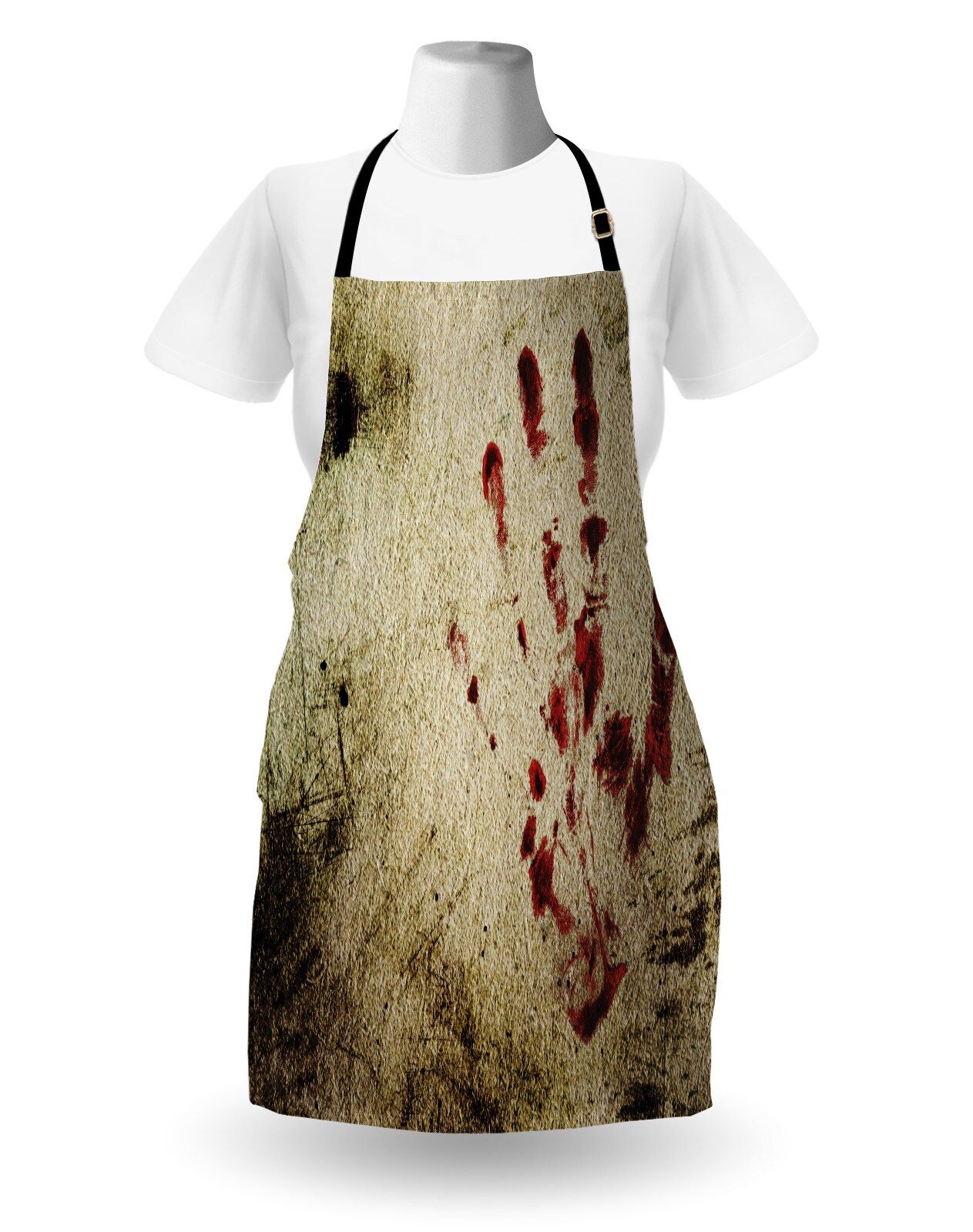 Ambesonne Horror House Apron, Grunge Dirty Wall Bloody Hand Print Murky Palm Trace Victim Violence, Unisex Kitchen Bib with Adjustable Neck for Cooking Gardening, Adult Size, Red Beige