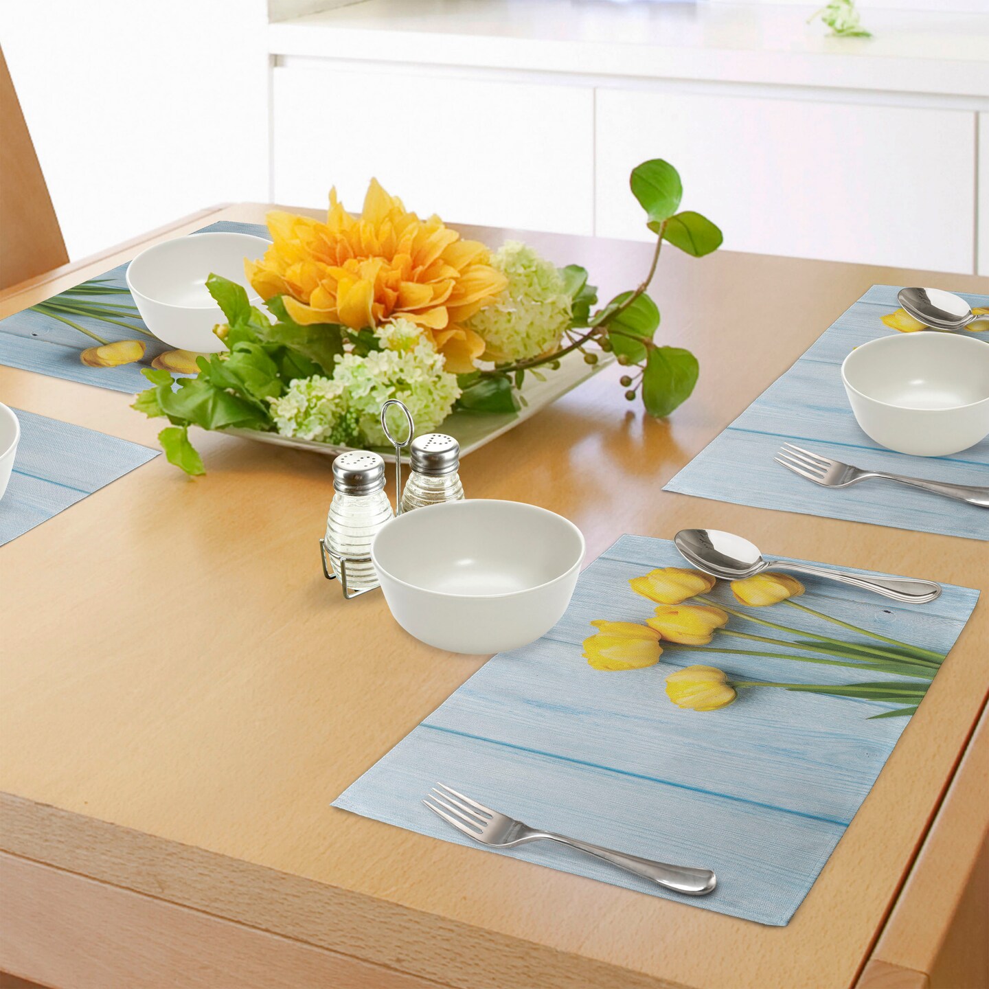 Ambesonne Tulip Place Mats Set of 4, Yellow Flowers on Old Wooden Rustic Background Valentines Romantic Theme, Washable Fabric Placemats for Dining Table, Standard Size, Yellow Green Pale Blue