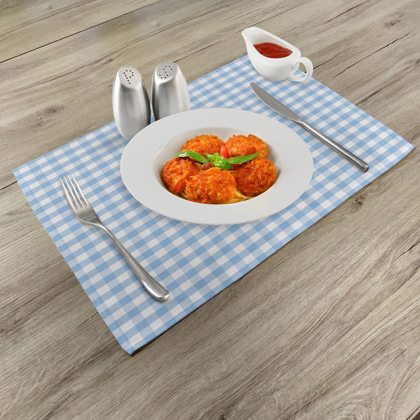 Ambesonne Checkered Place Mats Set of 4, Little Squares and Stripes Pastel Color Gingham Repeating Rows Vintage Tile, Washable Fabric Placemats for Dining Table, Standard Size, Pale Blue White