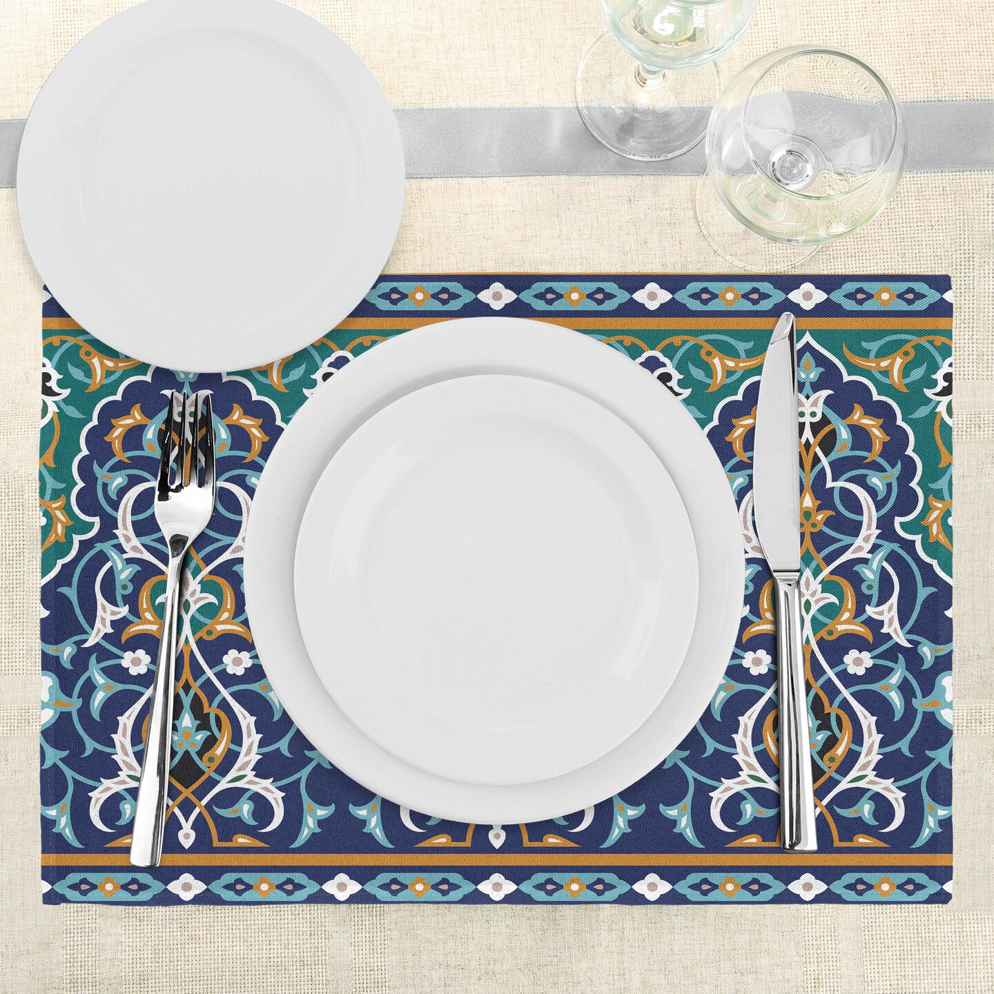 Ambesonne Moroccan Place Mats Set of 4, Oriental Petals Hippie Vintage Mosaic Design, Washable Fabric Placemats for Dining Table, Standard Size, Blue Mustard
