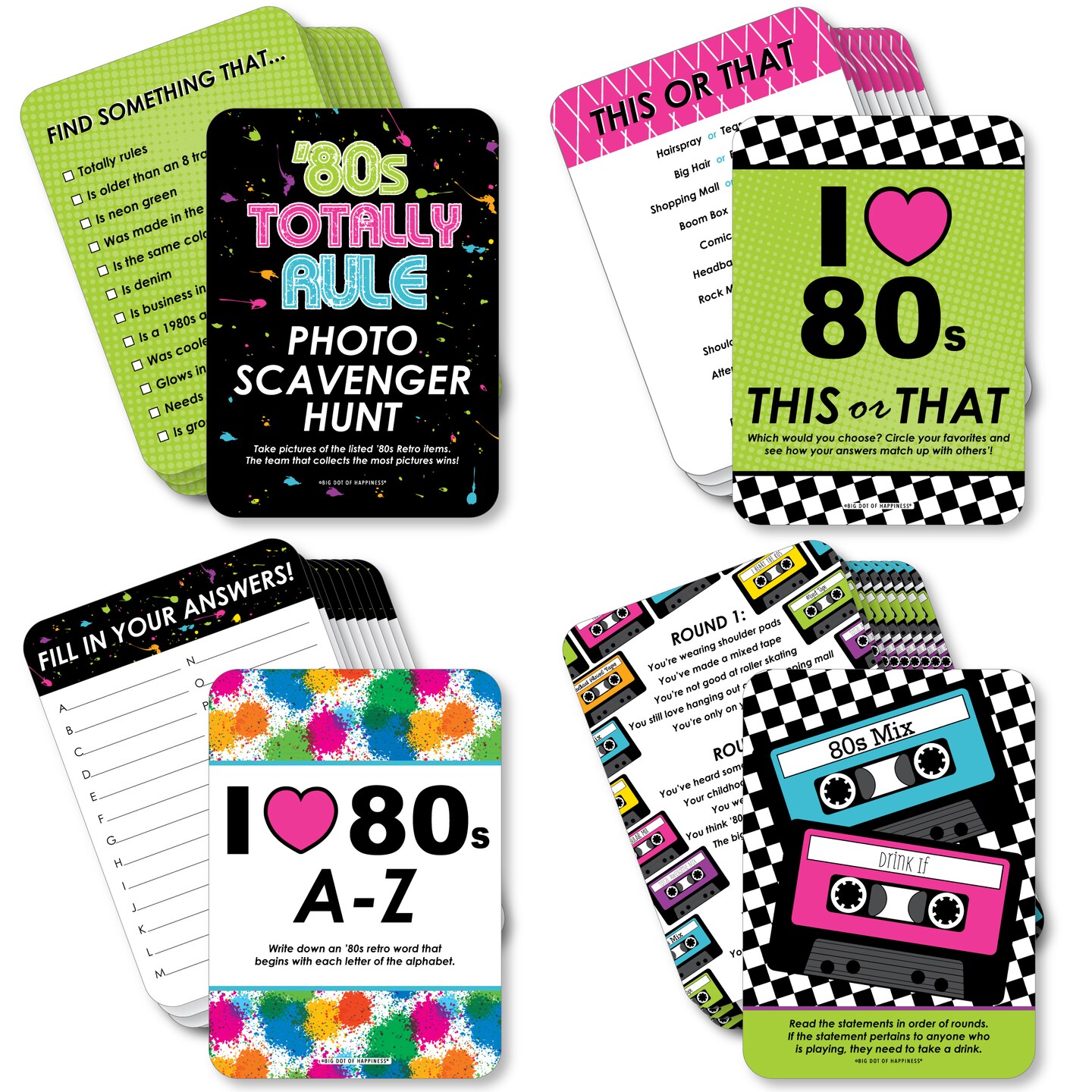 Big Dot of Happiness 80’s Retro - 4 Totally 1980s Party Games - 10 Cards  Each - Gamerific Bundle