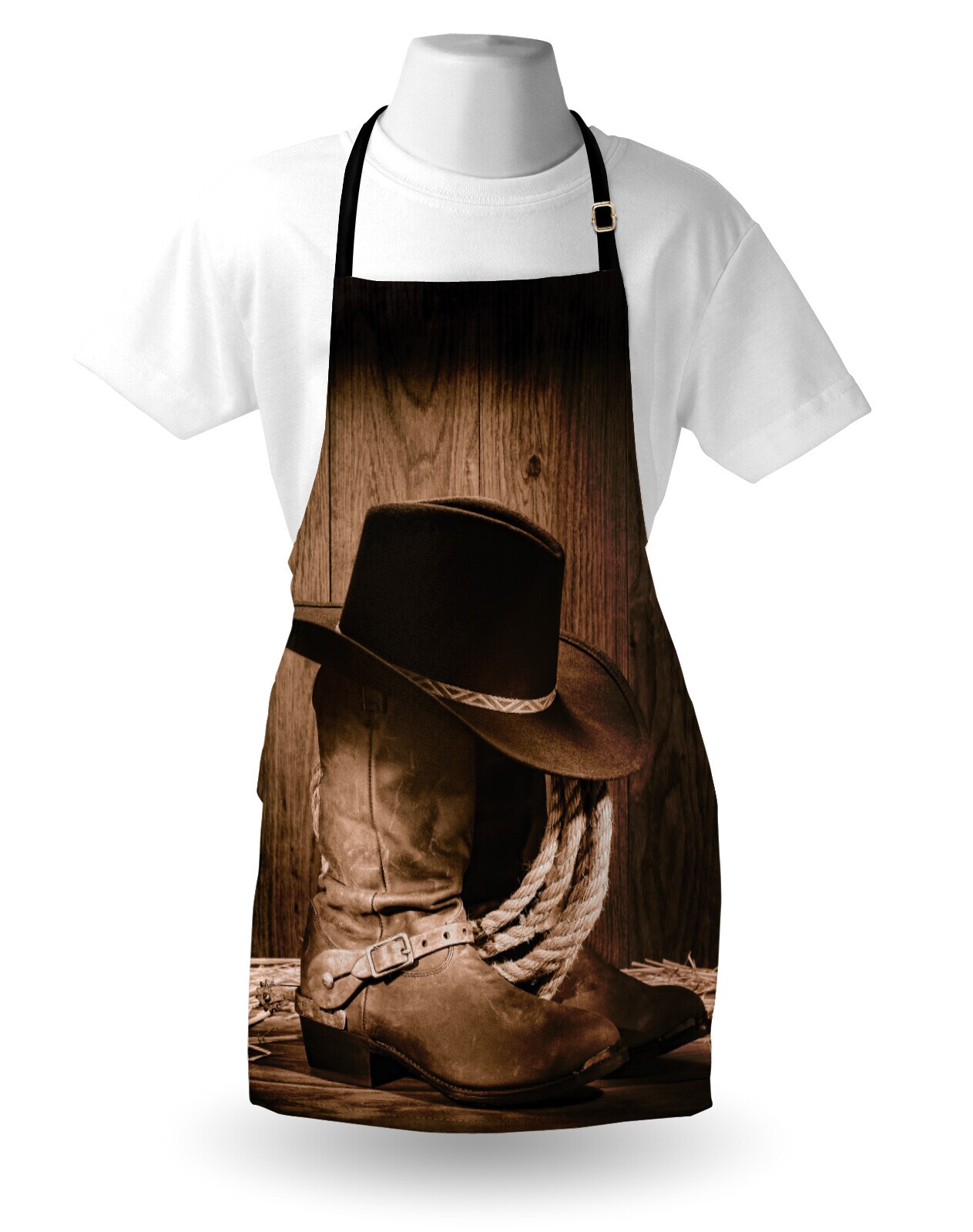 Ambesonne Western Apron, Wild West Themed Cowboy Hat and Old Ranching on Wooden Display Rodeo Cowboy Style, Unisex Kitchen Bib with Adjustable Neck for Cooking Gardening, Adult Size, Brown