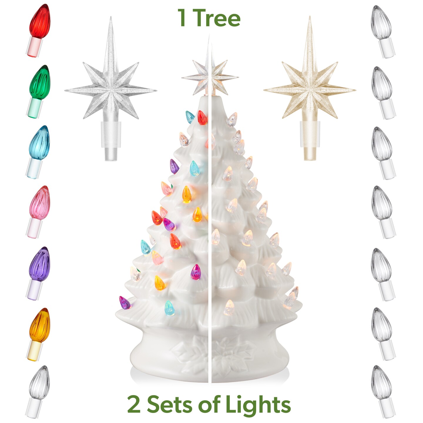 Casafield Hand Painted Ceramic Christmas Tree, White 15-Inch Pre-Lit Tree with 128 Multi Color Lights and 2 Star Toppers