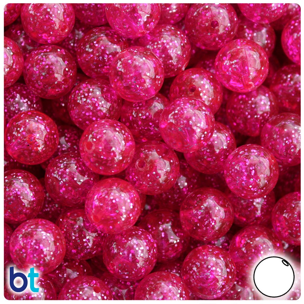 BeadTin Bright Pink Sparkle 12mm Round Plastic Craft Beads (60pcs)