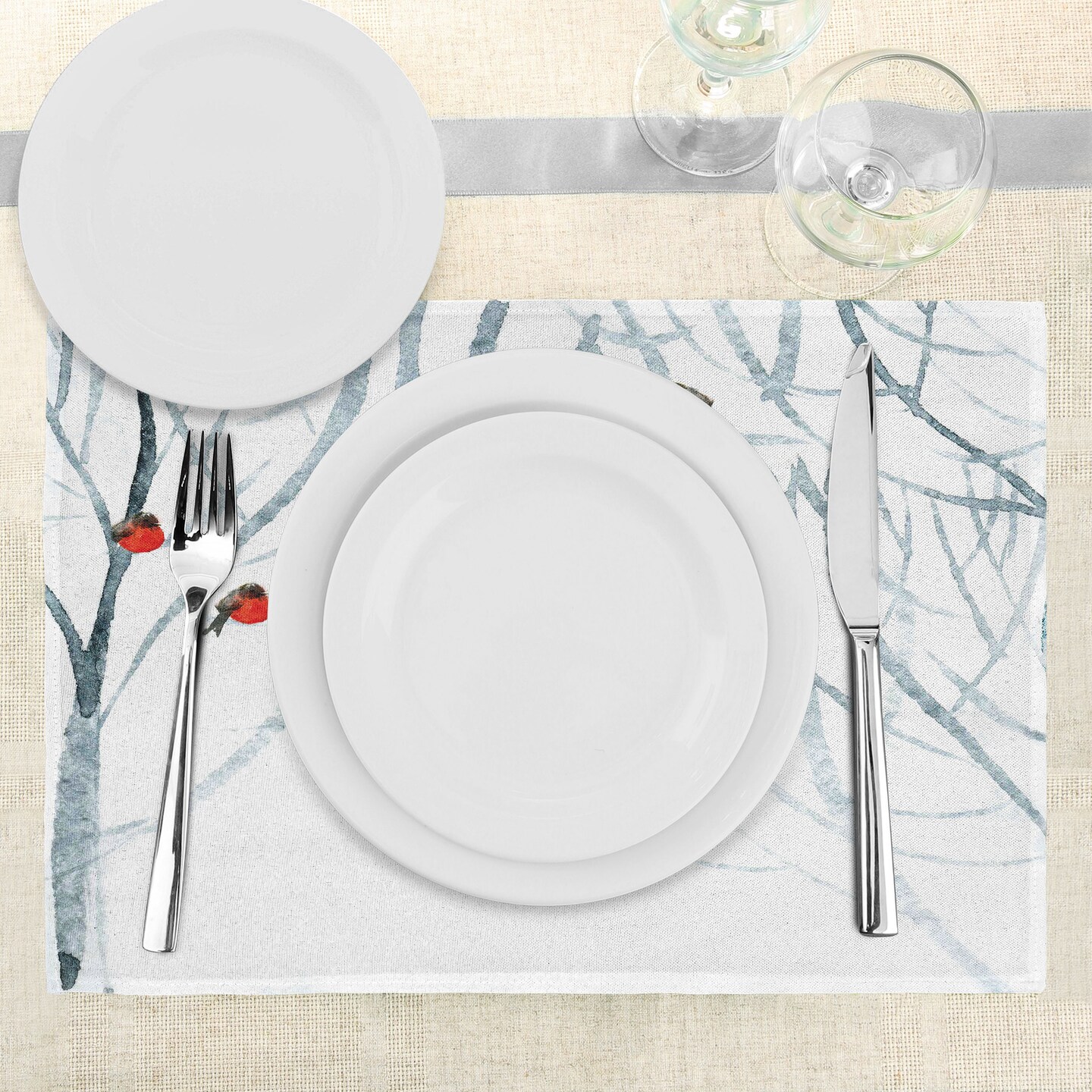 Ambesonne Modern Place Mats Set of 4, Trees Water Colored Image of Winter Woods with Bullfinches Print, Washable Fabric Placemats for Dining Table, Standard Size, Pale Grey White