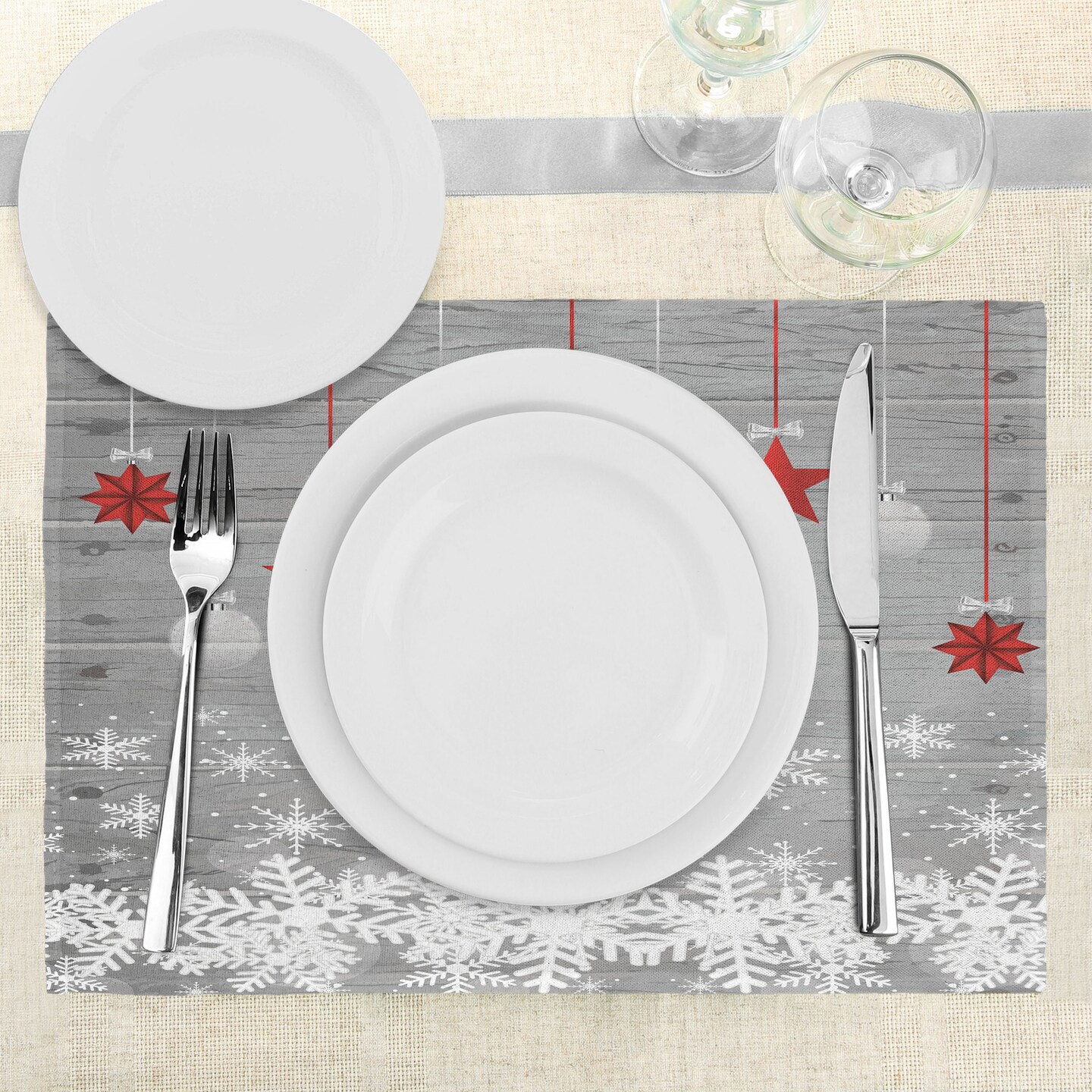 Ambesonne Christmas Place Mats Set of 4, Traditional Celebration Theme Pendant Stars Baubles Ornate Snowflakes, Washable Fabric Placemats for Dining Table, Standard Size, Grey Red White