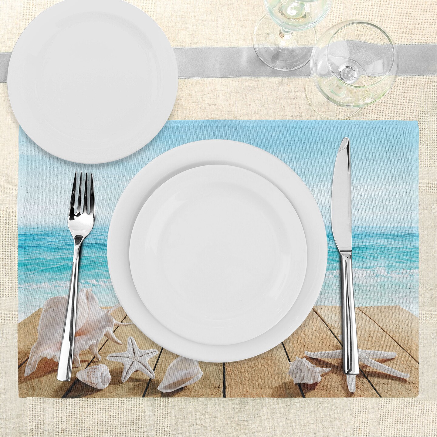 Ambesonne Seashells Place Mats Set of 4, Wooden Boardwald Sunshine Vacations Beach Theme, Washable Fabric Placemats for Dining Table, Standard Size, Pale Brown Beige