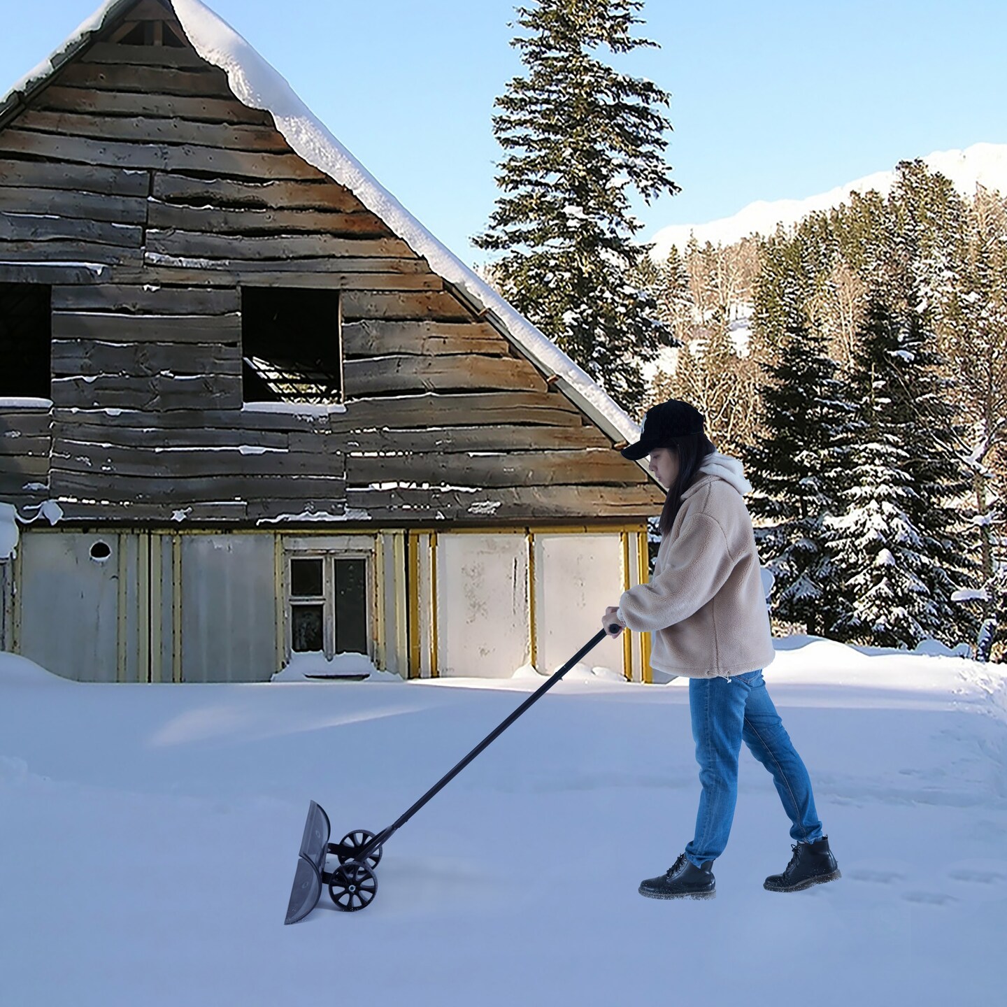 Black Heavy Duty Snow Shovel Rolling Pusher Remover with Wheels and Wide Blades