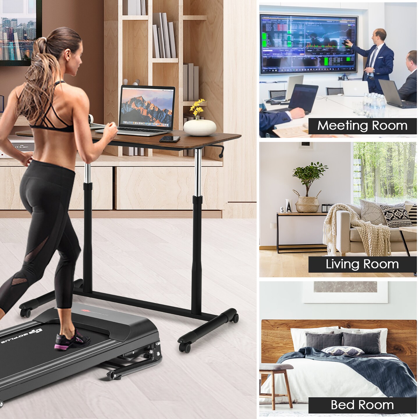 Goplus Height Adjustable Computer Desk Sit Stand Rolling Notebook Table Natural\Brown\Black
