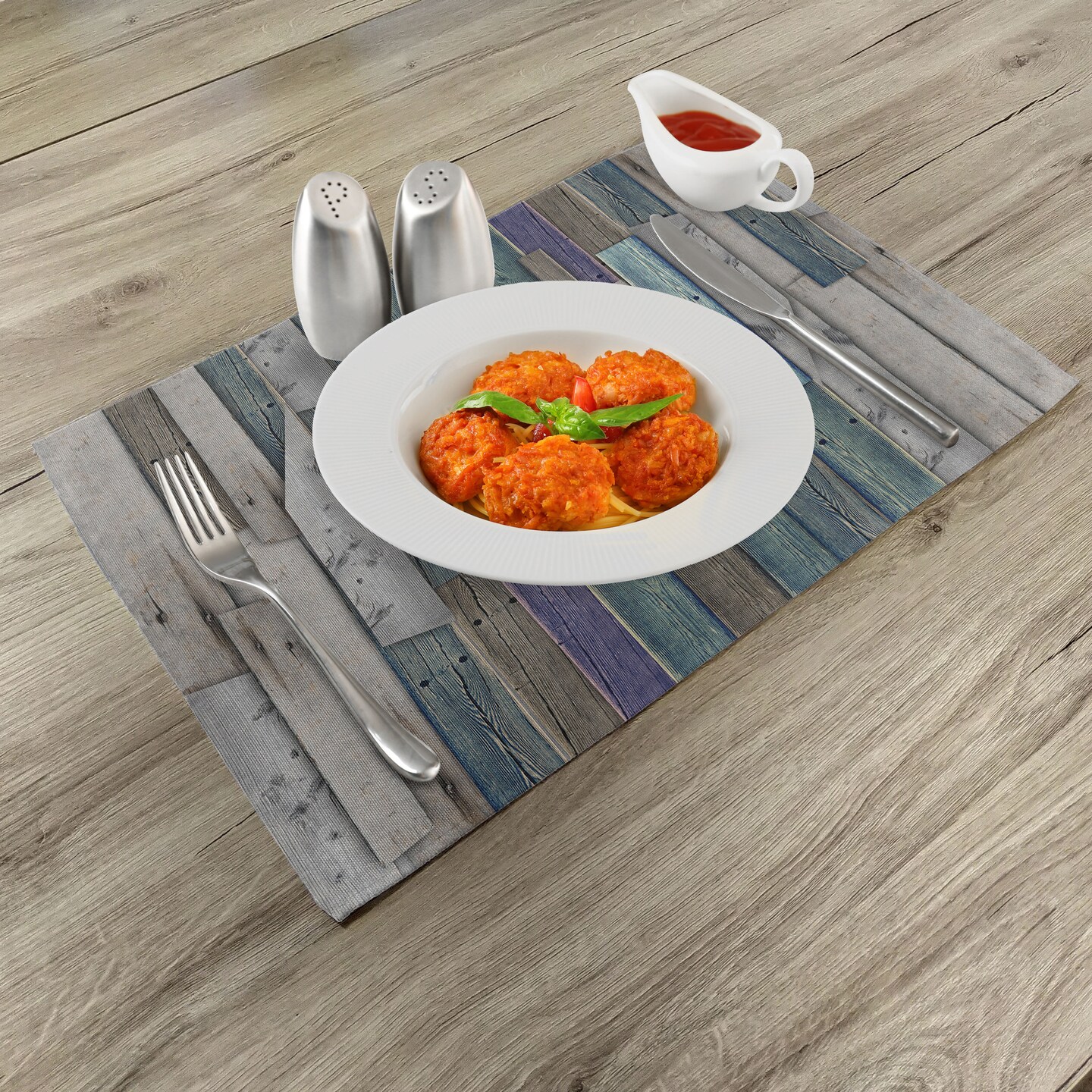 Ambesonne Rustic Place Mats Set of 4, Blue Grey Grunge Wood Planks Barn House Door Nails Country Life Theme Art, Washable Fabric Placemats for Dining Table, Standard Size, Umber Pale Teal Plum
