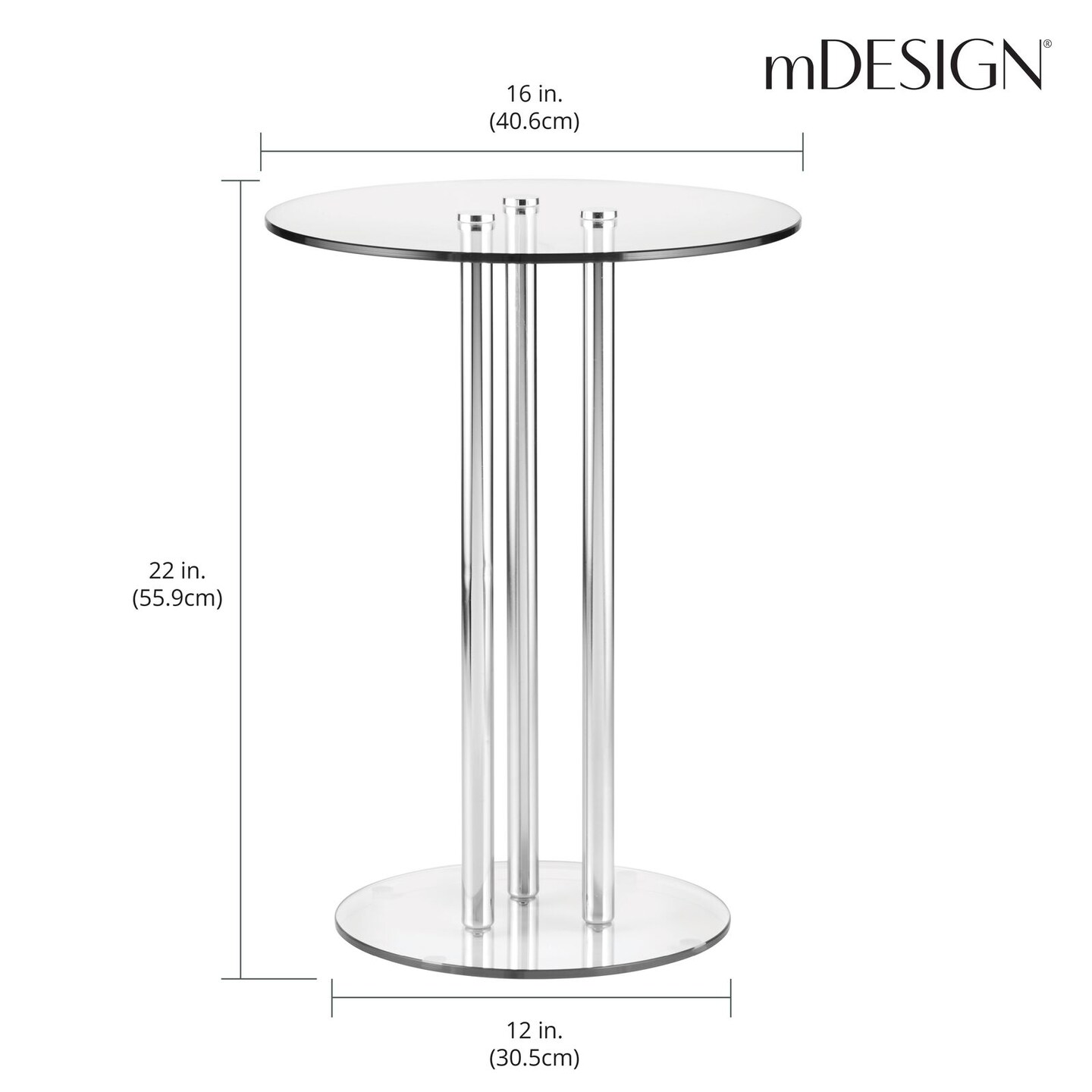 mDesign Metal and Glass Top 16&#x22; Round Accent Side/End Drink Table - Clear/Chrome