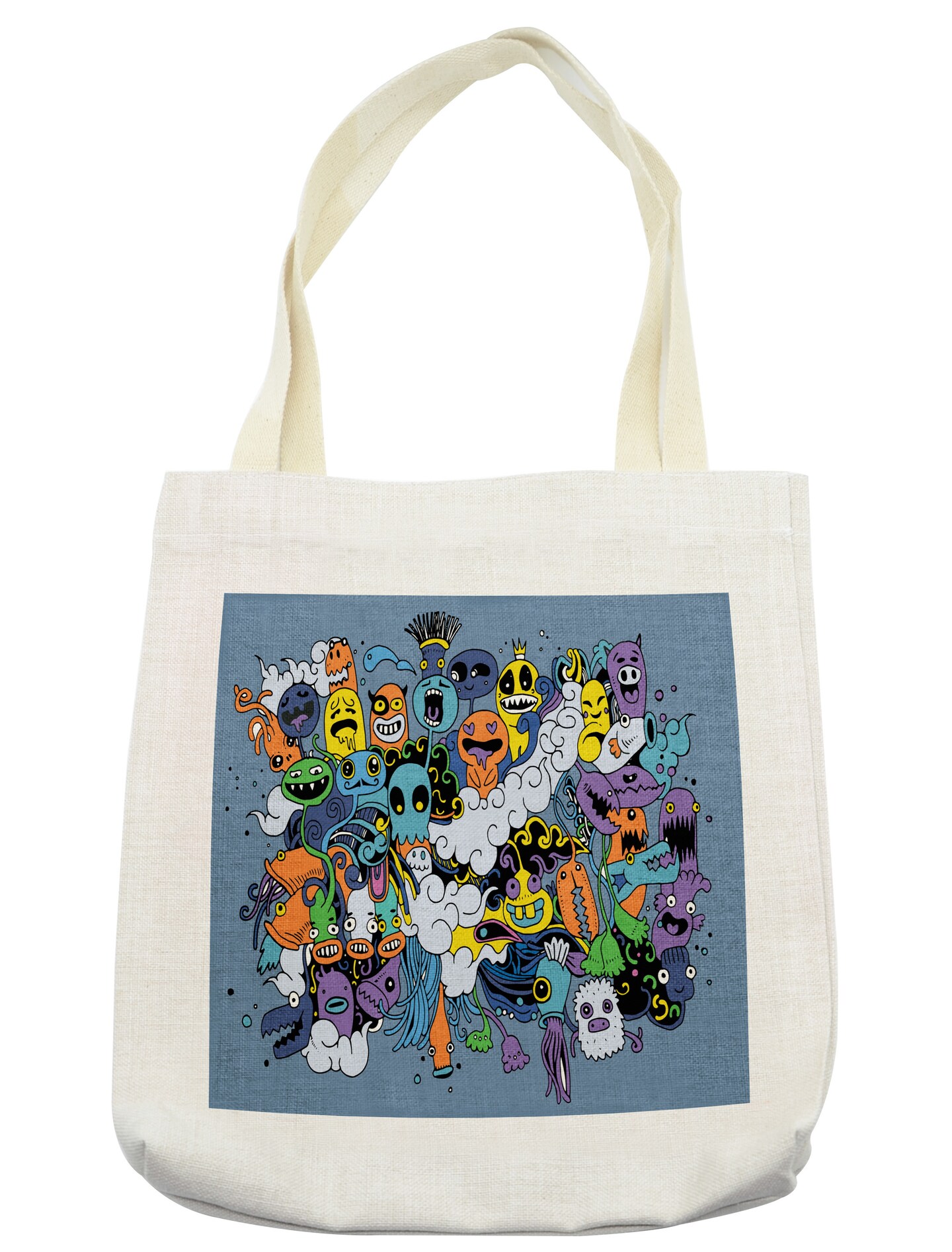 Ambesonne Indie Tote Bag, Group of Funky Monsters Society Different Expressions Abstract Groovy Doodle Style, Cloth Linen Reusable Bag for Shopping Books Beach and More, 16.5&#x22; X 14&#x22;, Multicolor