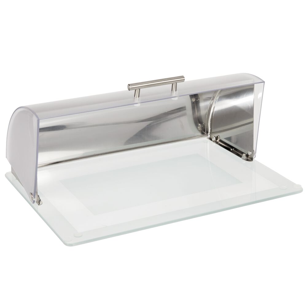 mDesign Metal Kitchen Countertop Bread Box, Roll Top Lid, Glass Base - Brushed
