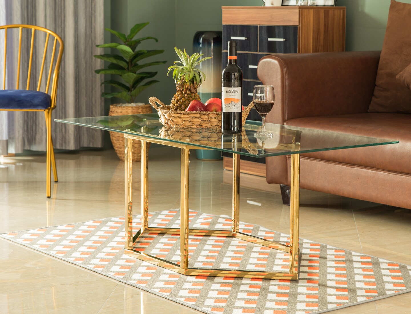 Rectangular Glass Top Hexagon Gold Stainless Steel Metal Base Coffee Table