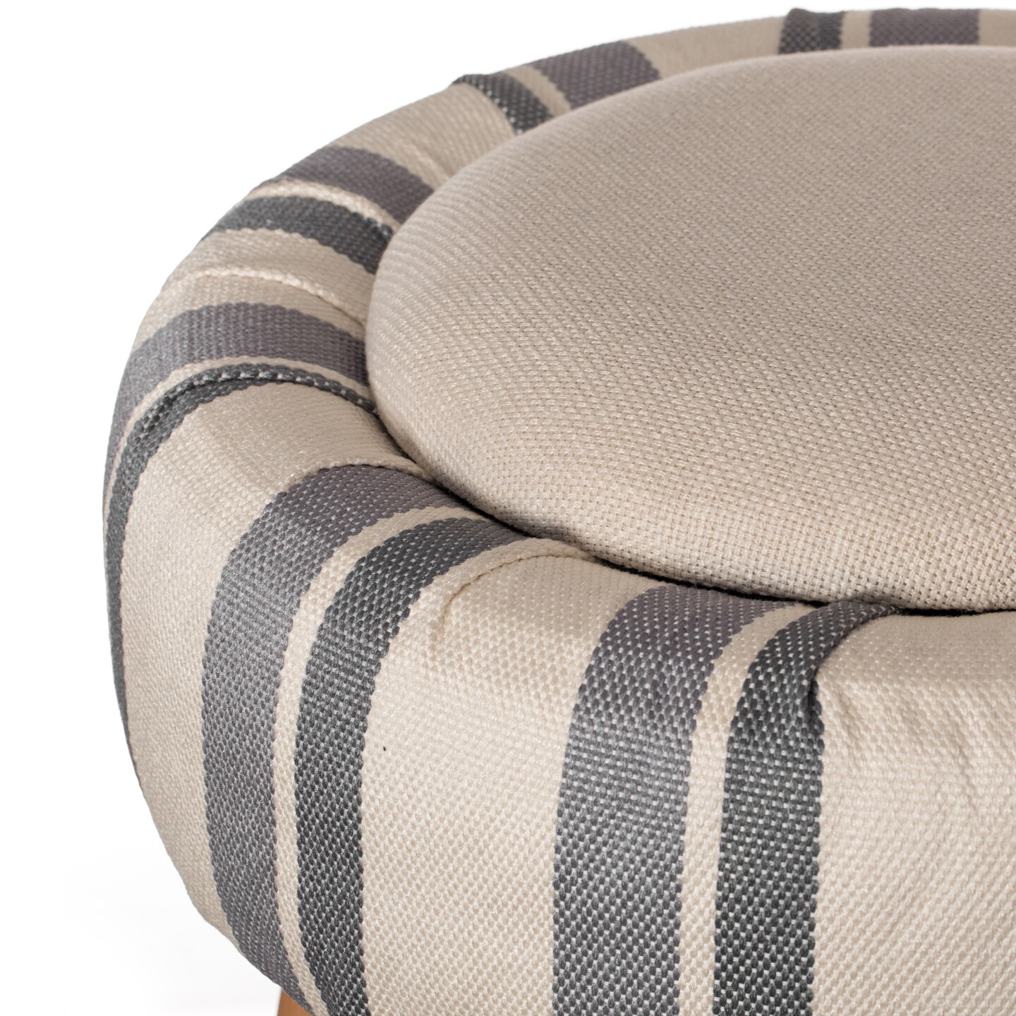 Modern Striped Round Fabric Ottoman with Inner Storage , White and Blue