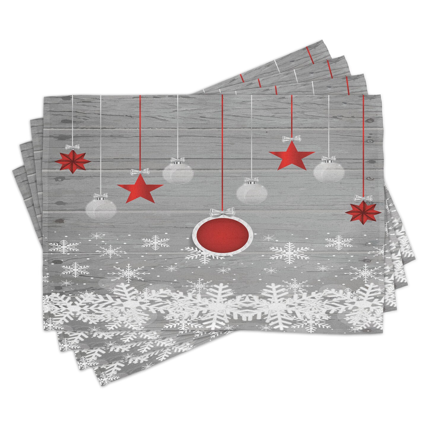 Ambesonne Christmas Place Mats Set of 4, Traditional Celebration Theme Pendant Stars Baubles Ornate Snowflakes, Washable Fabric Placemats for Dining Table, Standard Size, Grey Red White