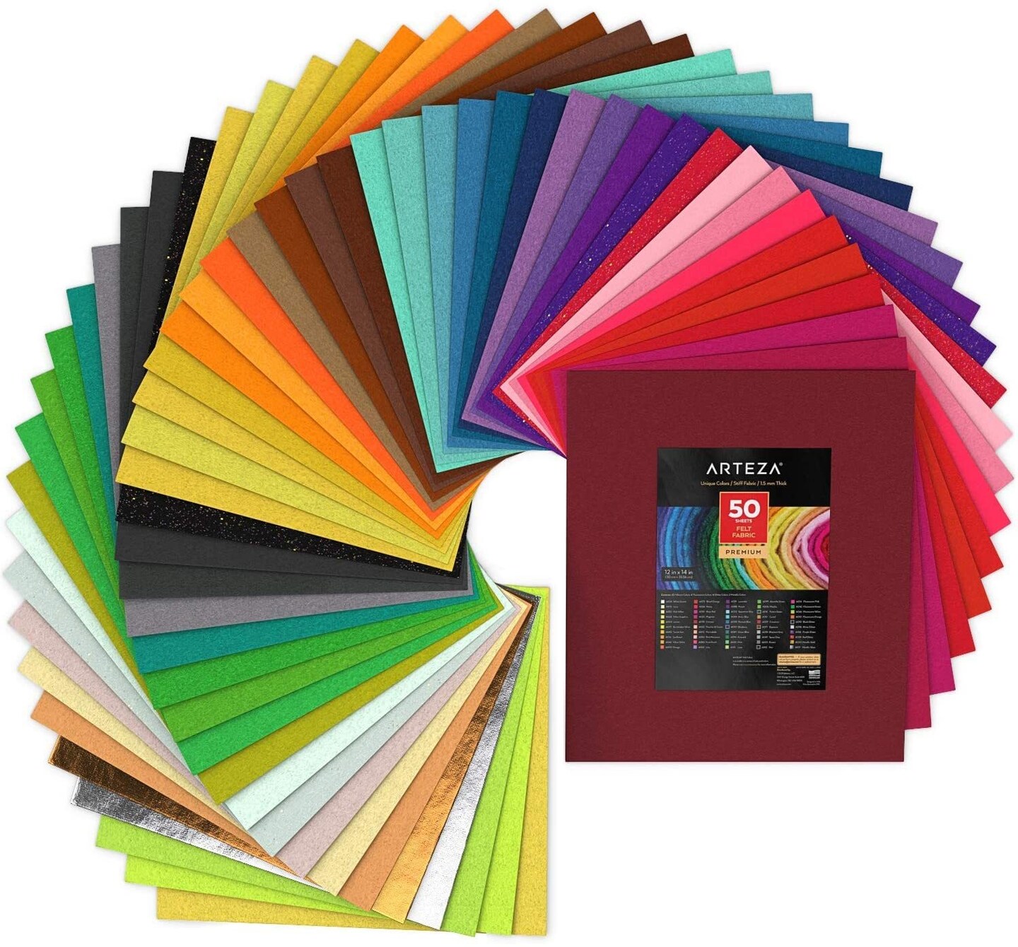 Arteza Stiff Felt Fabric, Assorted Colors, 12"x14" Sheets - 50 Pack