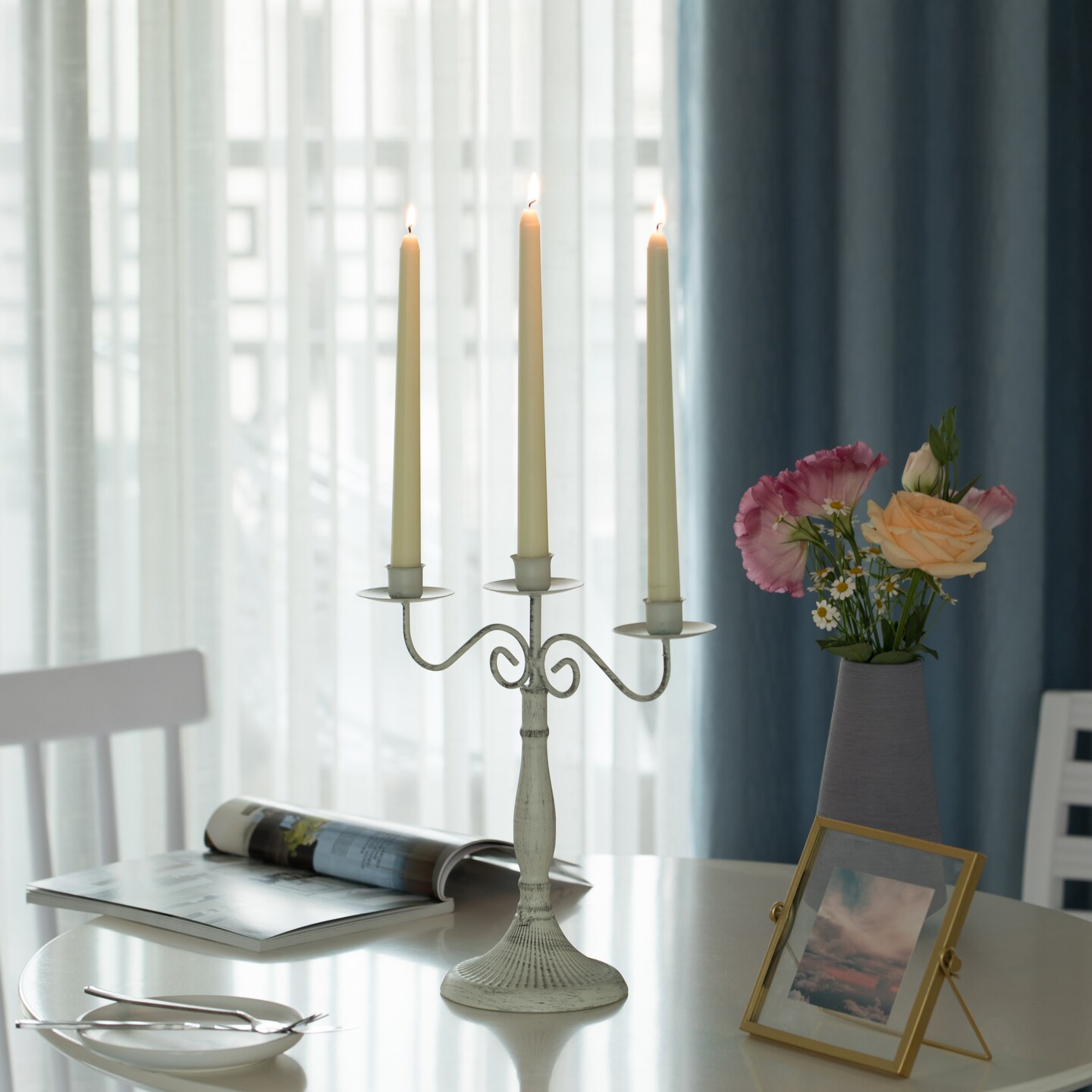 Antique Distressed Metal Candelabra and Candlestick for Dining Room, Entryway, Kitchen and Vanity