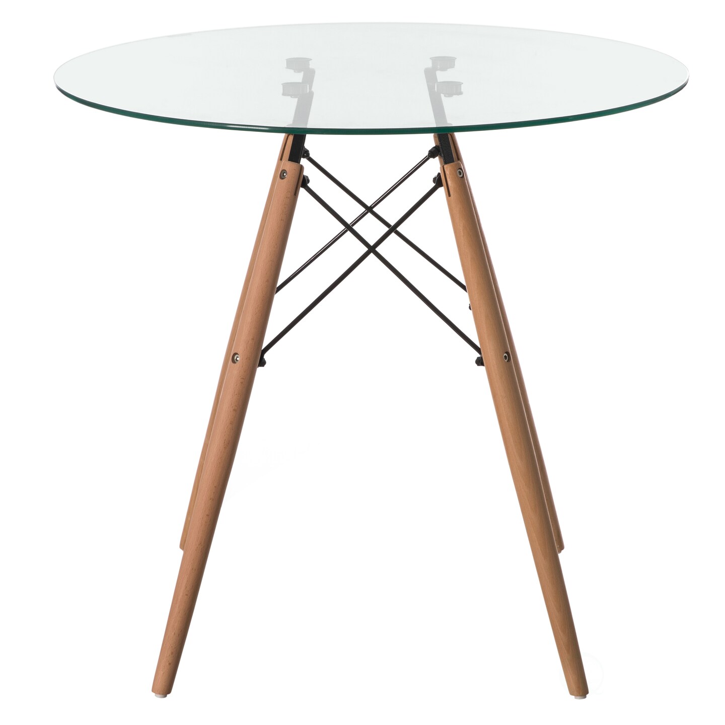 Round Clear Glass Top Accent Dining Table with 4 Beech Solid Wood Legs | Modern Space Saving Small Leisure Circle Desk 31.5" Dia x 29.25" H for Kitchen Dining Room, Living Room