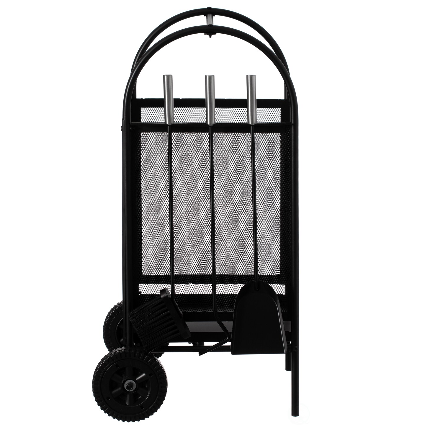 Indoor and Outdoor Patio Iron Firewood Log Cart with Wheels and Fireplace Tool Set, Black