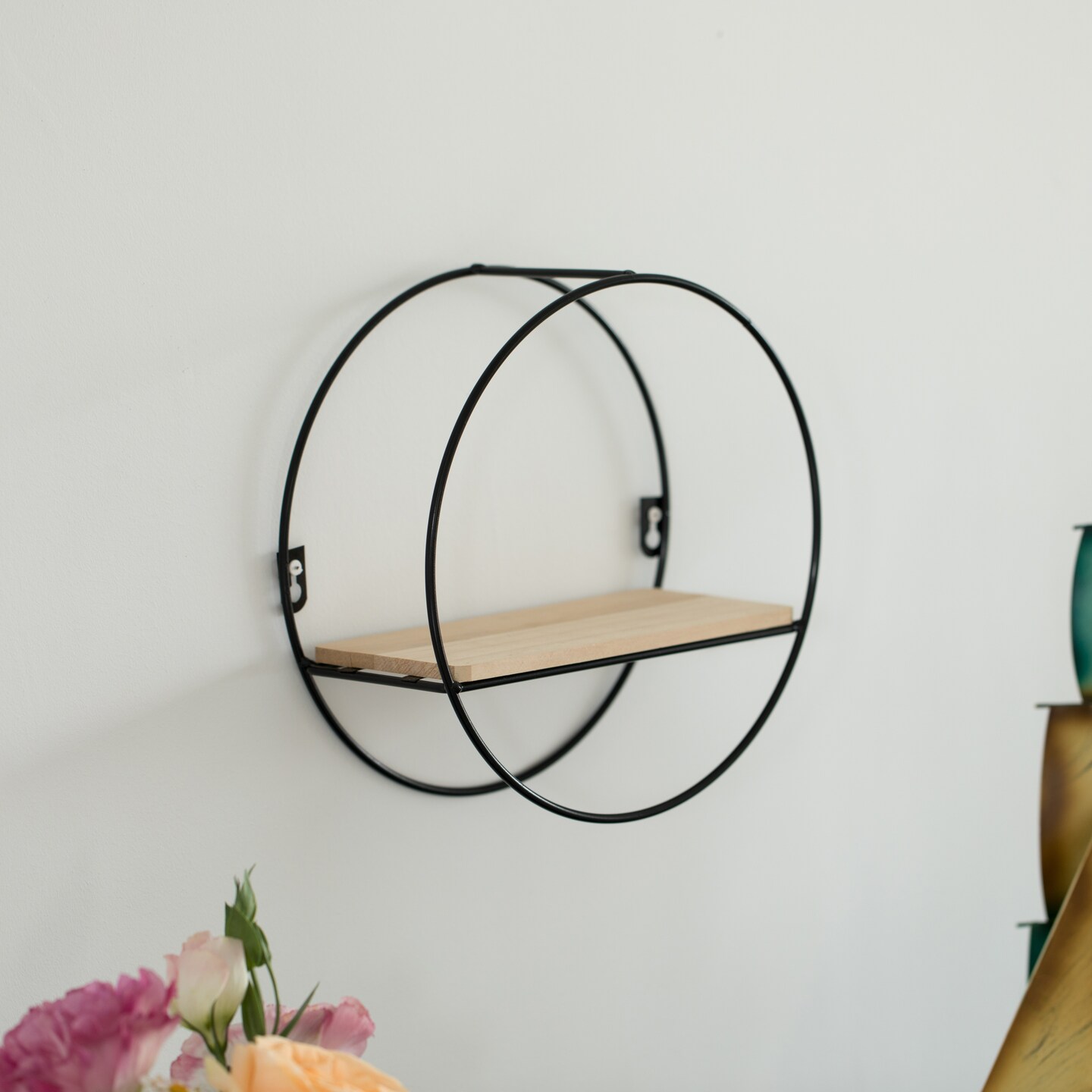 Decorative Modern Round Accent Floating Shelf Circle Decor Display Wall Mounted Rack with Metal Frame and Pine Wood Shelf